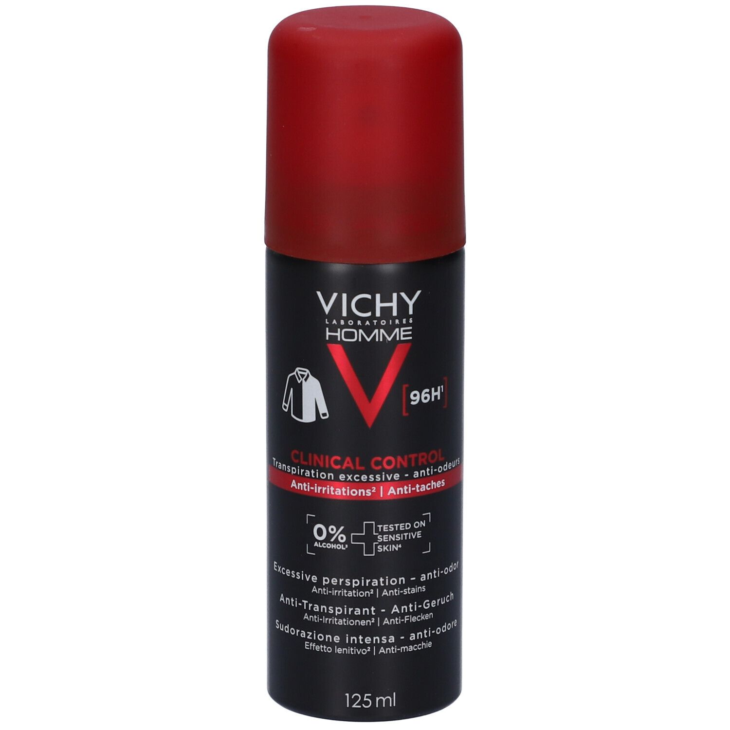 Deodorante aerosol con tappo rosso. Flacone nero con scritta bianca: Vichy Homme, Clinical Control. 96H. 125ml.