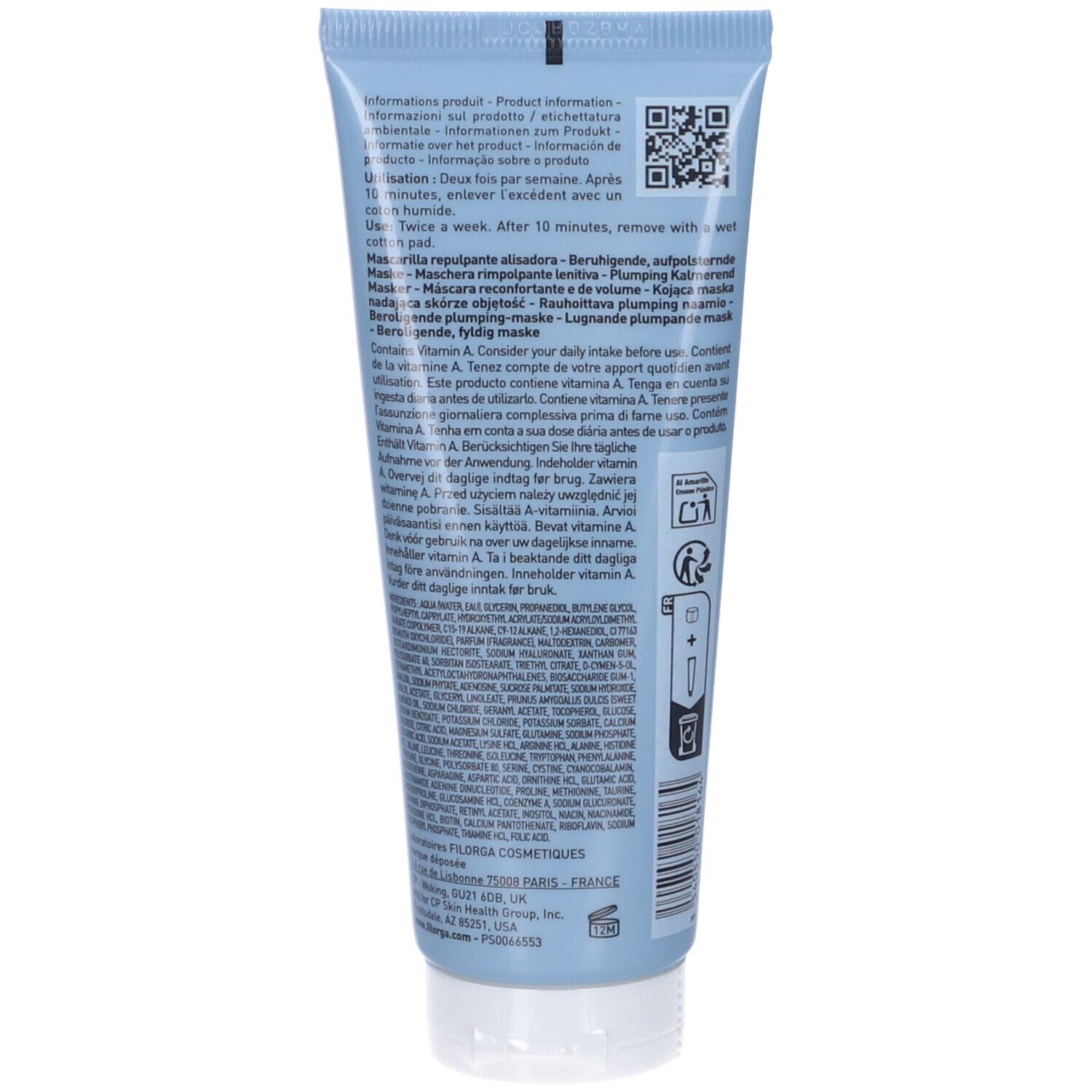 Retro del tubo FILORGA HYALU-FILLER MASK con informazioni dettagliate sul prodotto, ingredienti e un codice QR.