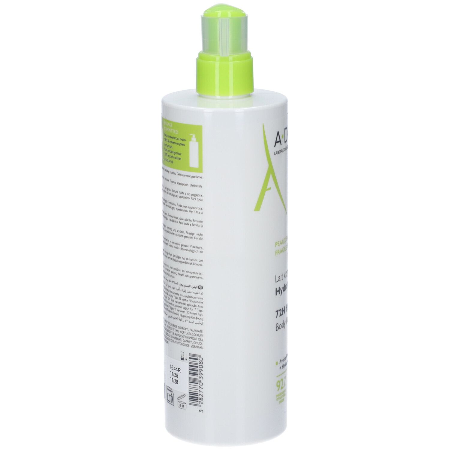 Retro del flacone bianco. Testo multilingue. Logo A-DERMA. Informazioni sull'uso e sugli ingredienti.