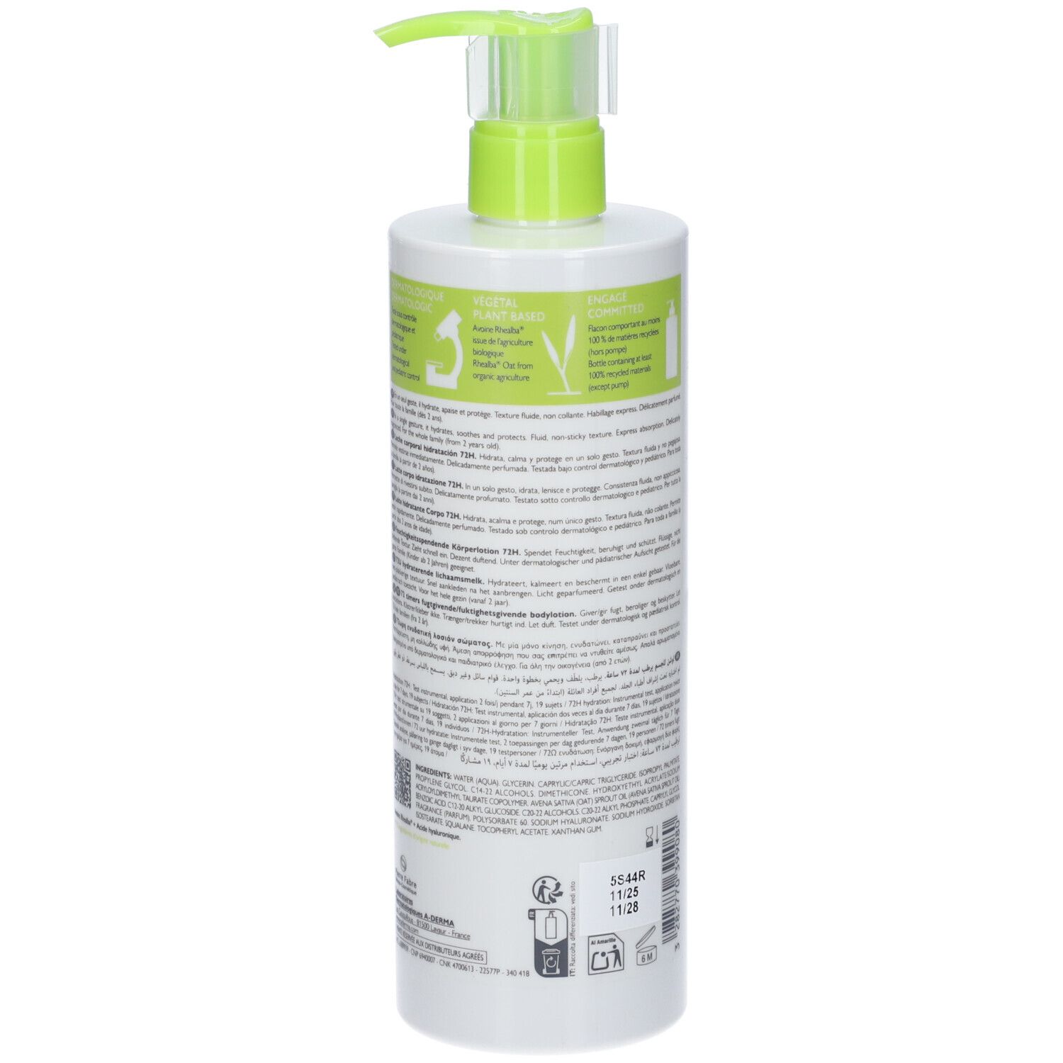 Retro del flacone bianco. Testo multilingue. Logo A-DERMA. Informazioni sull'uso e sugli ingredienti.