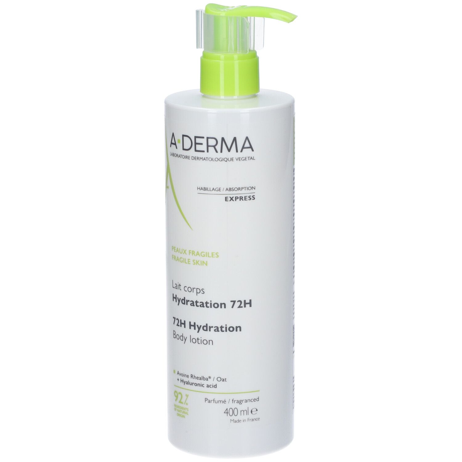 Flacone bianco con erogatore verde. Scritte: A-DERMA, Lait corps Hydratation 72H, 72H Hydration Body lotion. 400ml.