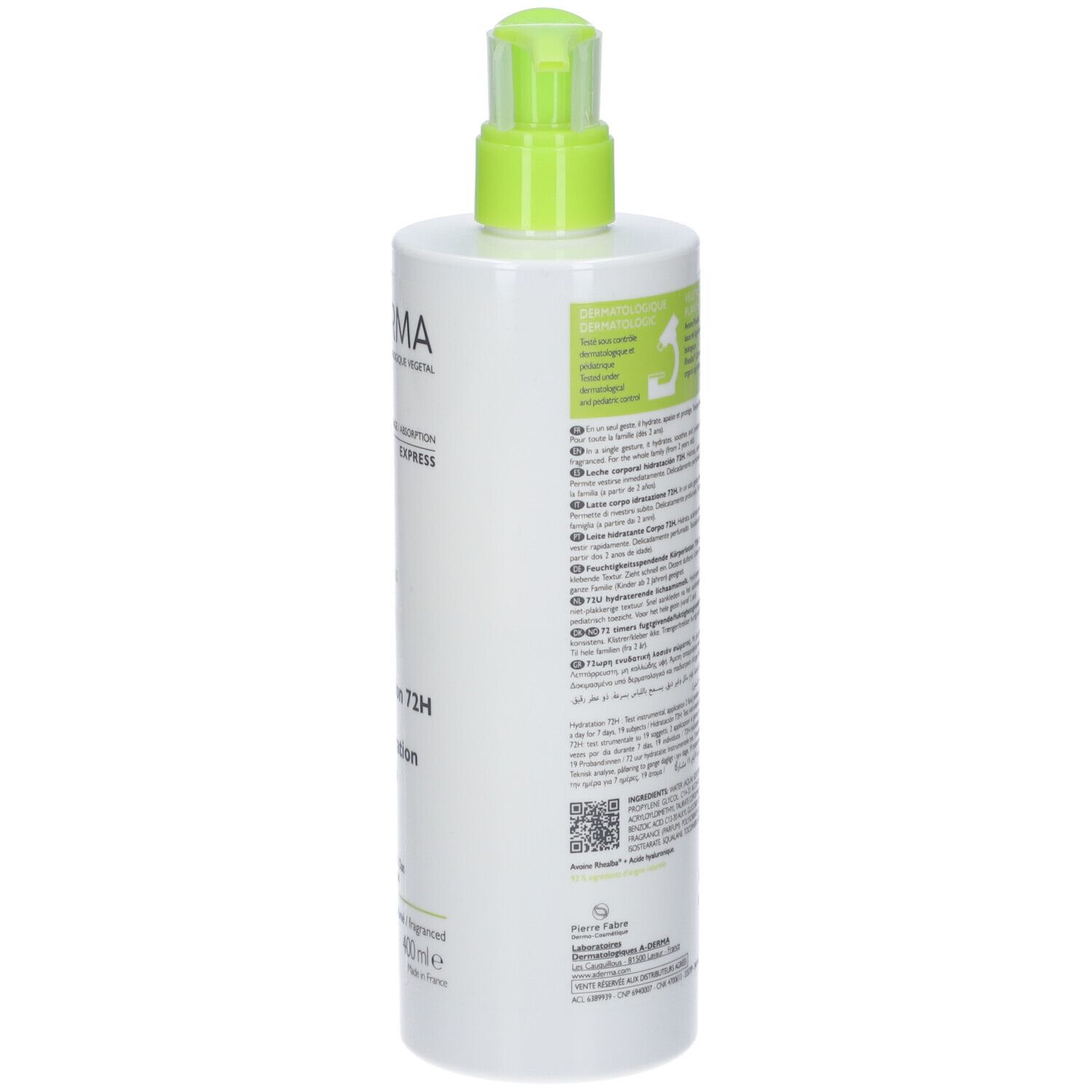 Retro del flacone bianco. Testo multilingue. Logo A-DERMA. Informazioni sull'uso e sugli ingredienti.