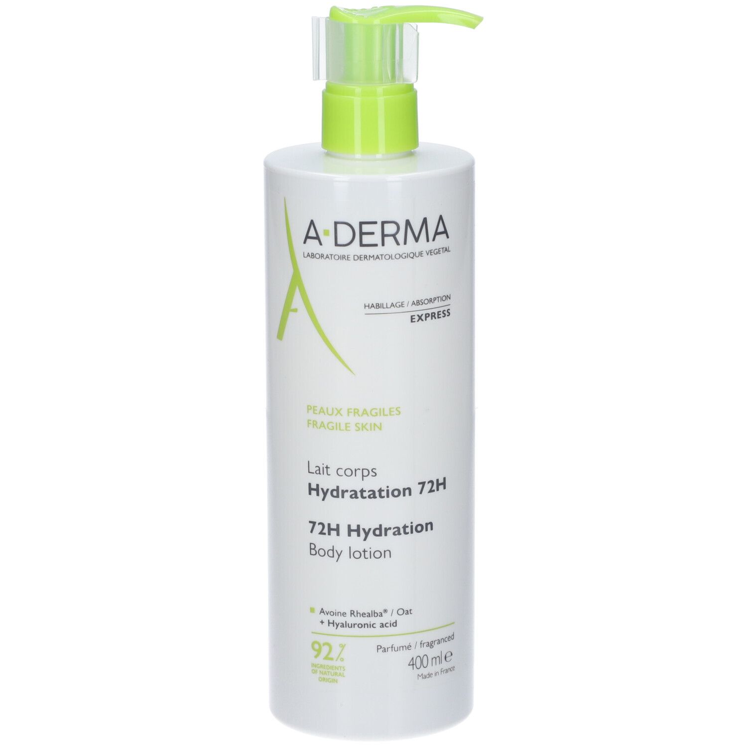 Flacone bianco con erogatore verde. Scritte: A-DERMA, Lait corps Hydratation 72H, 72H Hydration Body lotion. 400ml.