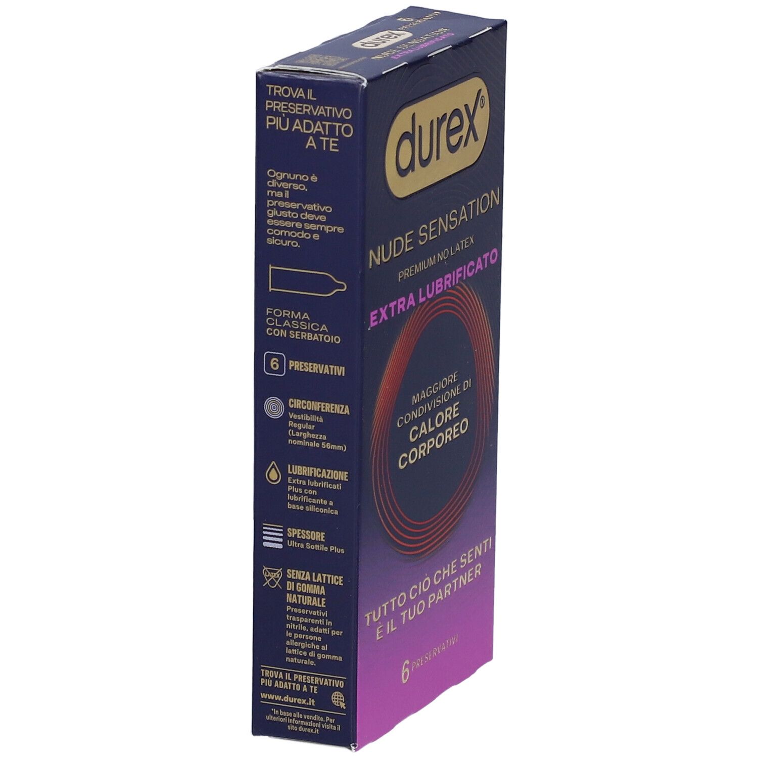 Durex Nude Sensation preservativi, confezione da 6. Premium No Latex, Extra Lubrificato. Informazioni sul lato.