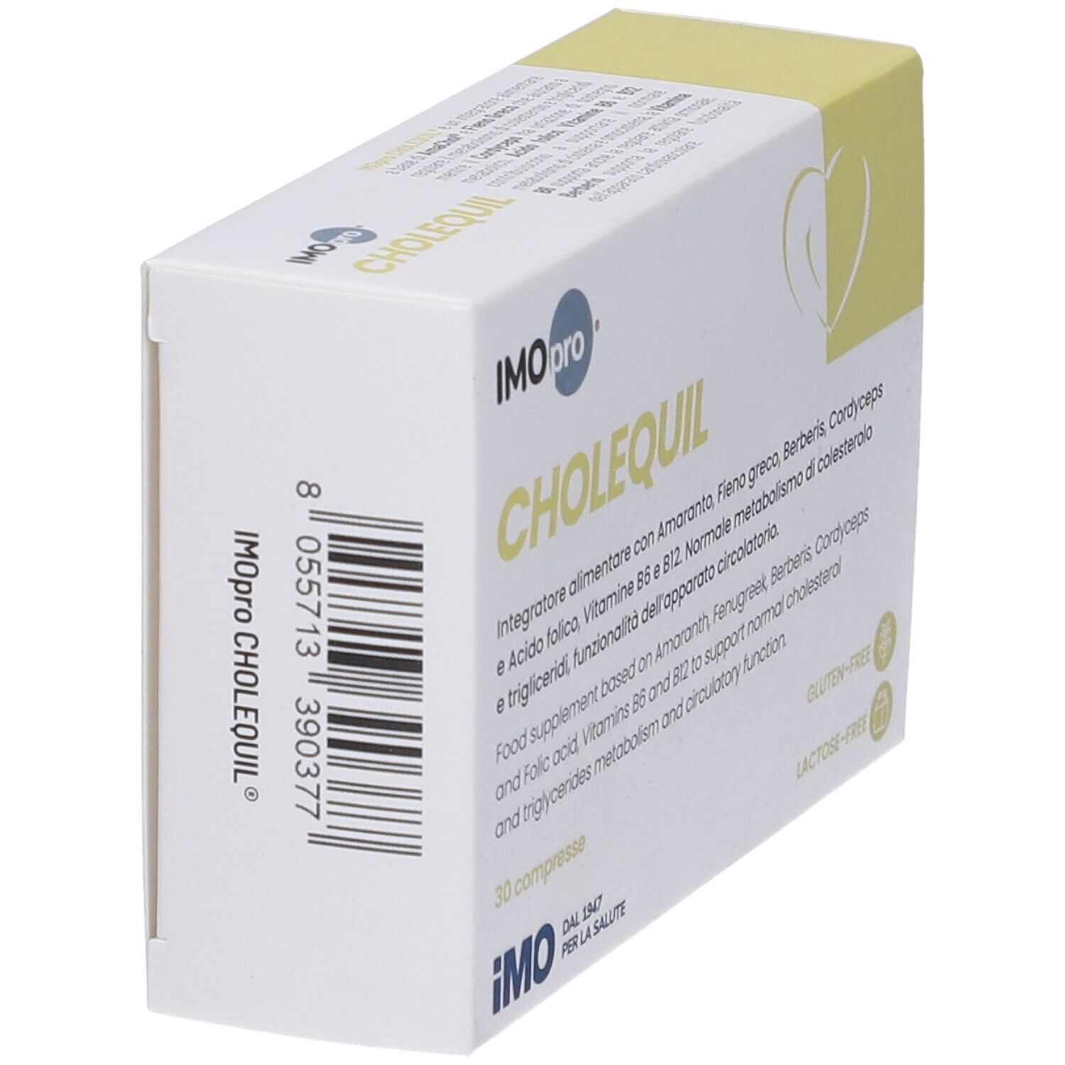 Scatola "CHOLEQUIL" IMOpro, vista laterale. Codice a barre e nome del prodotto. Testo in italiano e inglese. Senza glutine e lattosio.