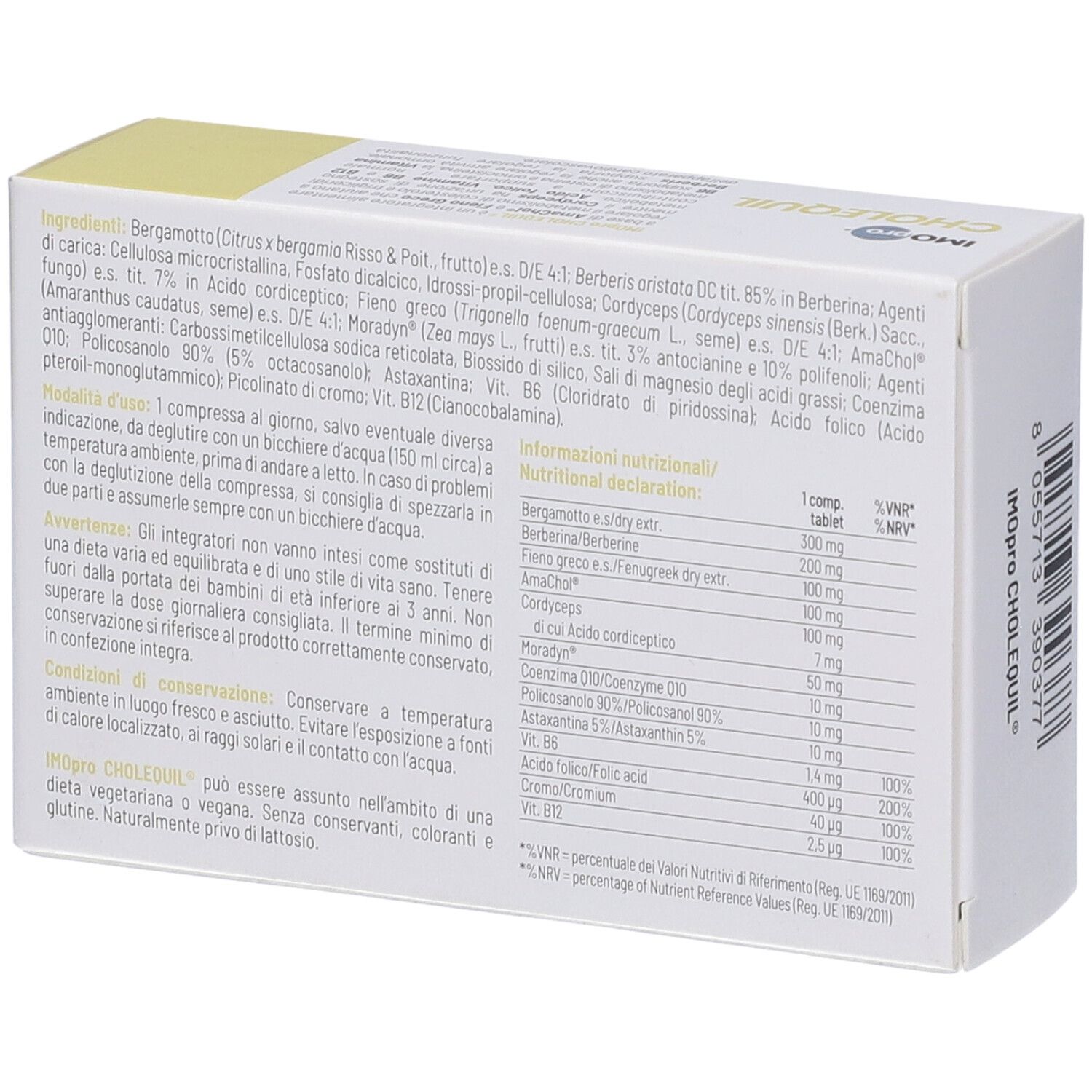 Retro della scatola "CHOLEQUIL". Elenco ingredienti e informazioni nutrizionali. Testo in italiano. Marchio IMOpro. 30 compresse.