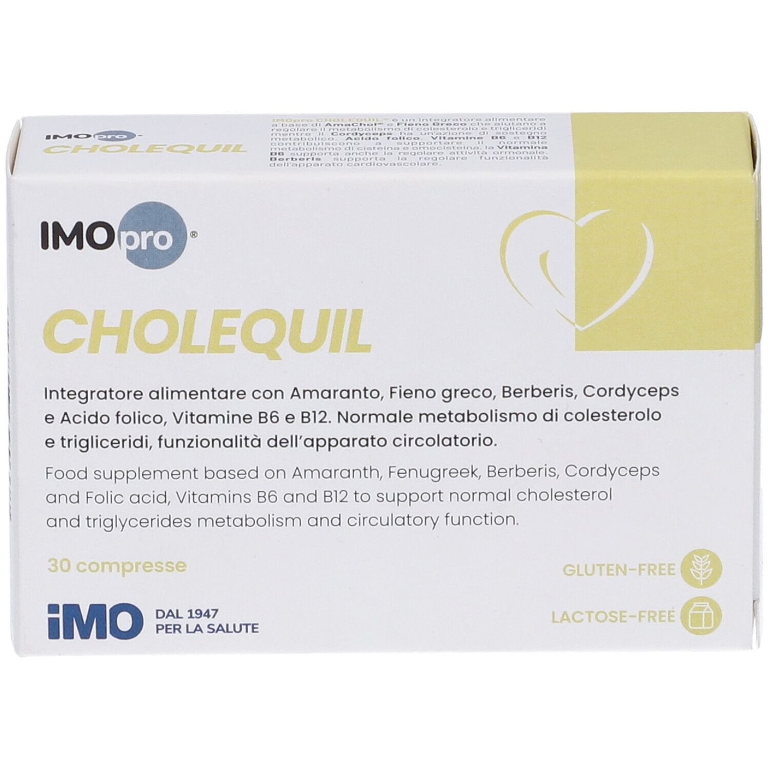 Scatola "CHOLEQUIL" IMOpro, vista frontale. Testo in italiano e inglese. 30 compresse. Senza glutine e lattosio.