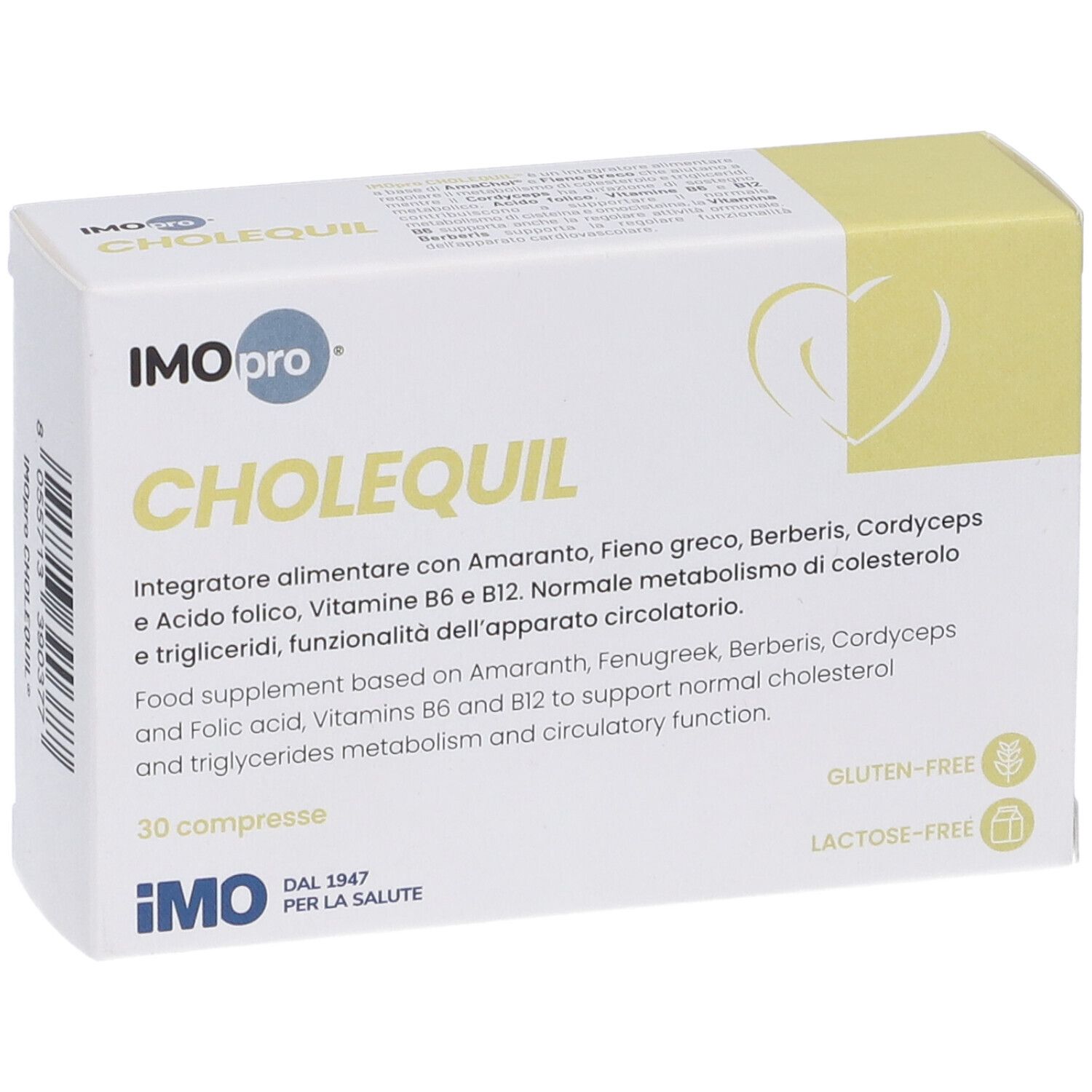 Scatola "CHOLEQUIL" IMOpro, vista frontale. Testo in italiano e inglese. 30 compresse. Senza glutine e lattosio.