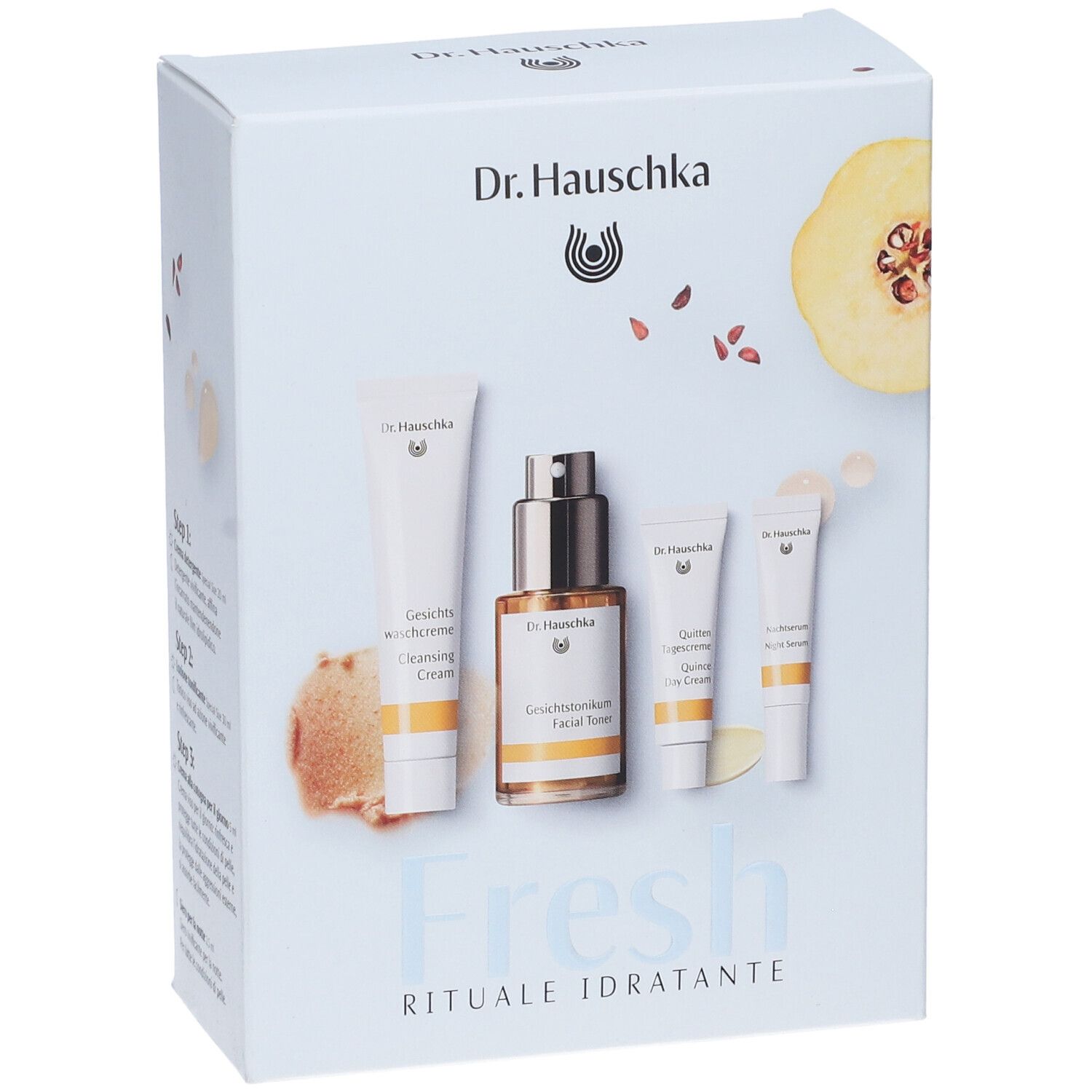 Scatola con quattro prodotti Dr. Hauschka. Logo, nomi dei prodotti, mela cotogna, scritta 'Fresh Rituale Idratante'.