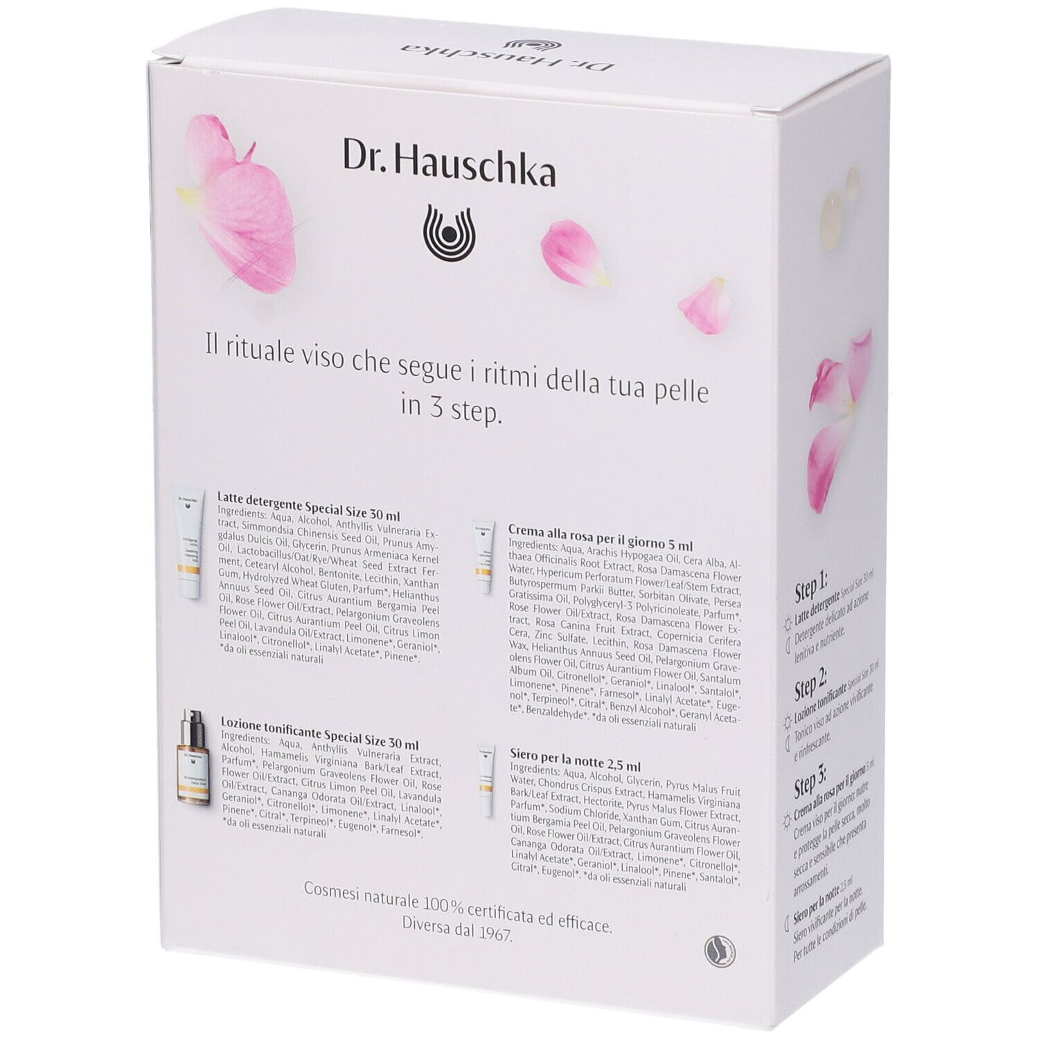Retro del set regalo. Testo in italiano. Immagini di prodotti e ingredienti. Marchio: Dr. Hauschka.