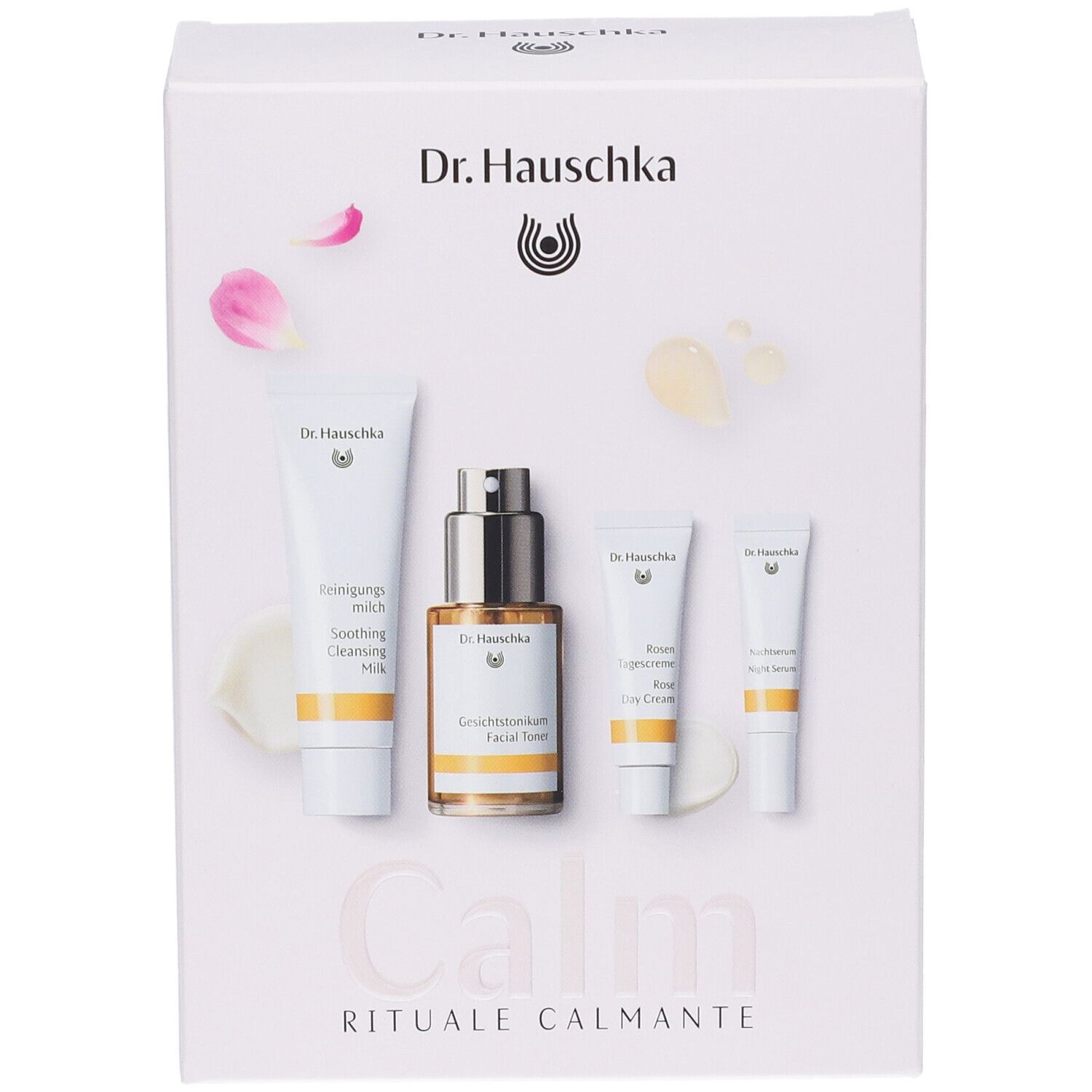 Set regalo con quattro prodotti. Scatola bianca con immagini e scritta "Calm". Marchio: Dr. Hauschka.