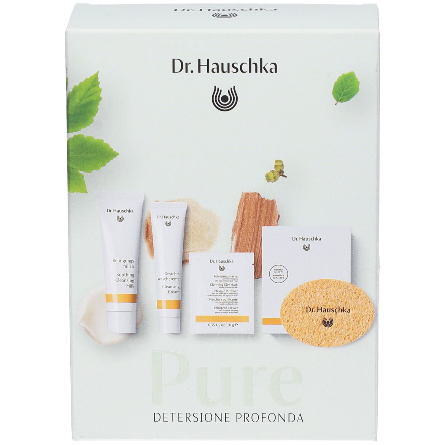 Set regalo per la pulizia profonda. Contiene latte detergente, crema detergente, maschera e spugna.