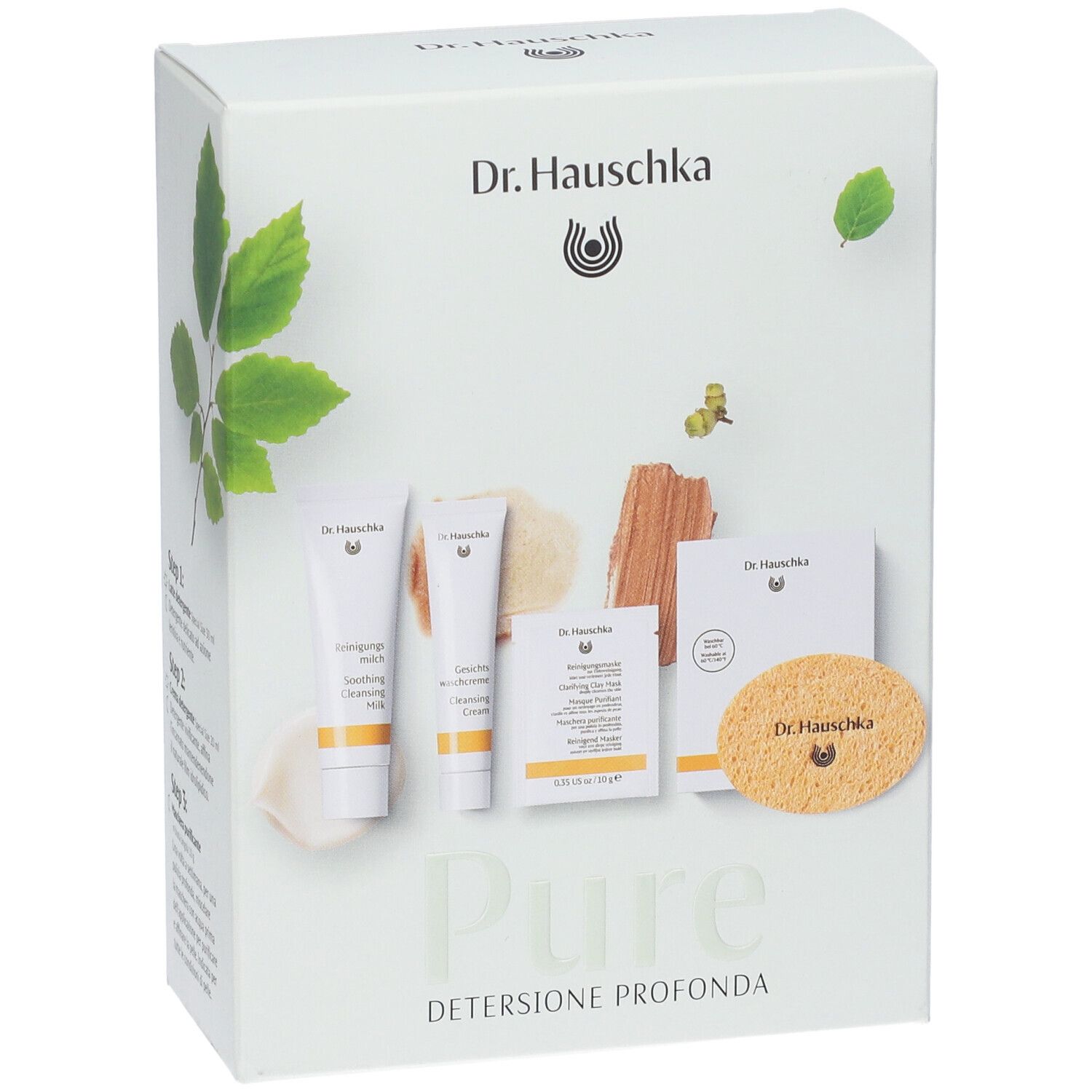 Set regalo per la pulizia profonda. Contiene latte detergente, crema detergente, maschera e spugna.