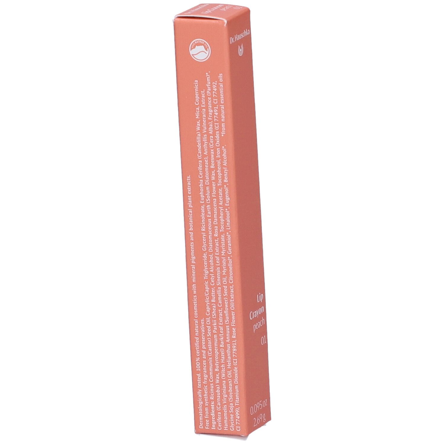 Confezione del matitone labbra. Scritta: Lip Crayon peach 01. Ingredienti e altre informazioni. Marchio Dr. Hauschka.