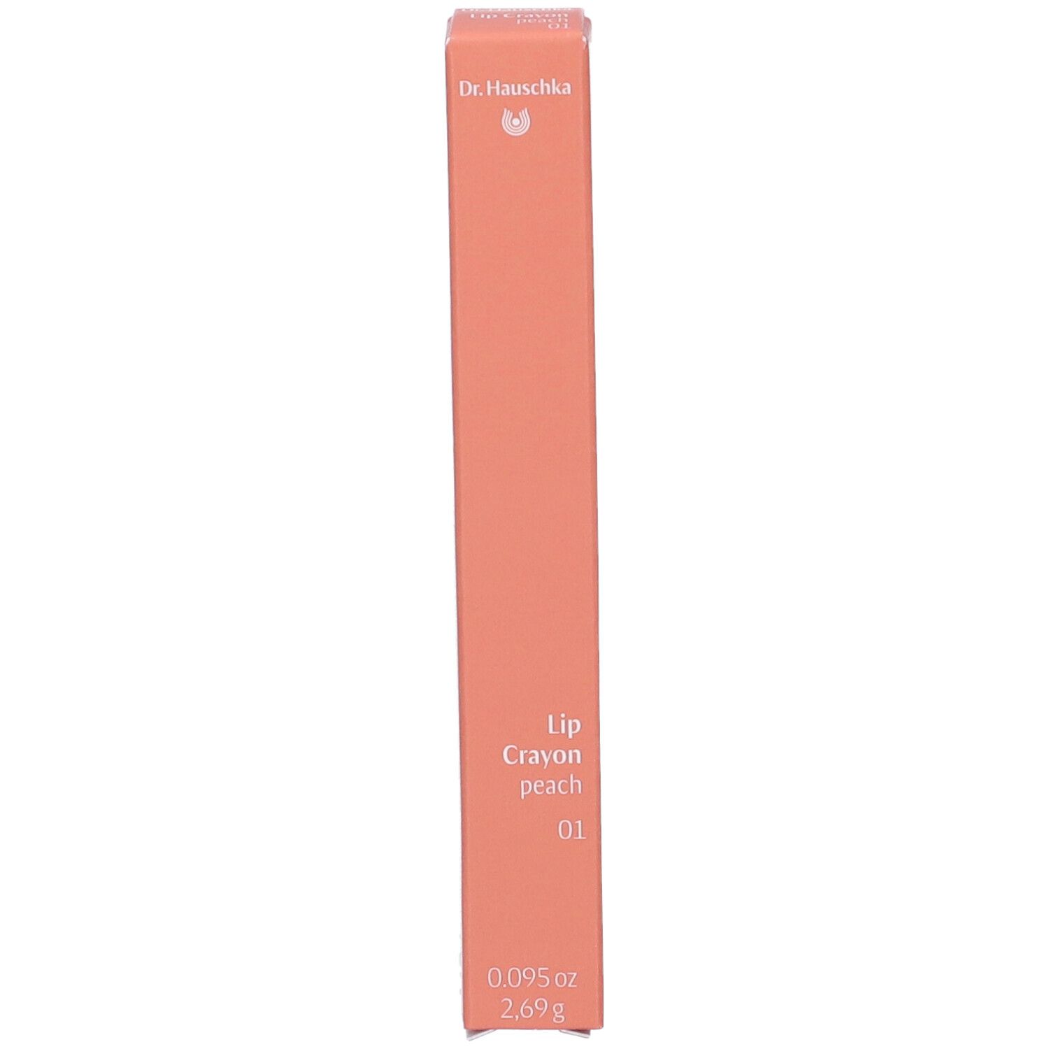 Matitone labbra color pesca in confezione rettangolare. Marca Dr. Hauschka. Denominazione: Lip Crayon peach 01. Peso: 2,69g.
