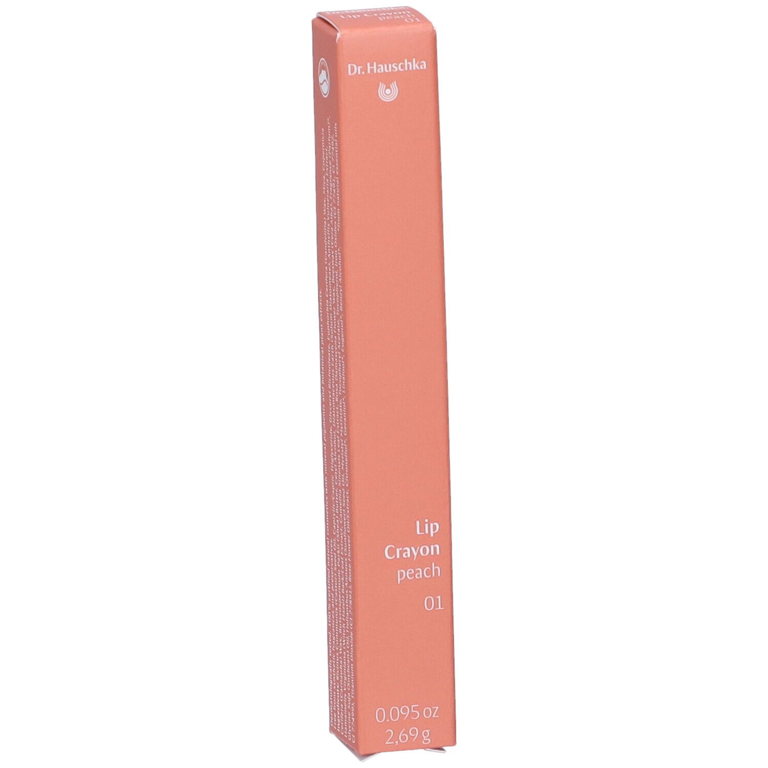 Matitone labbra color pesca in confezione rettangolare. Marca Dr. Hauschka. Denominazione: Lip Crayon peach 01. Peso: 2,69g.