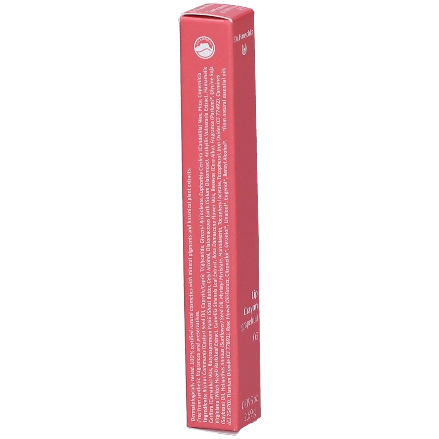 Confezione rosa con ingredienti e informazioni sul prodotto. Marchio: Dr. Hauschka. Testo in bianco.