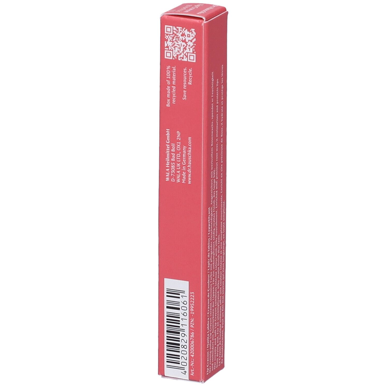 Confezione rosa con informazioni. Codice QR e testo: Made of 100% recycled material. Marchio: Dr. Hauschka.