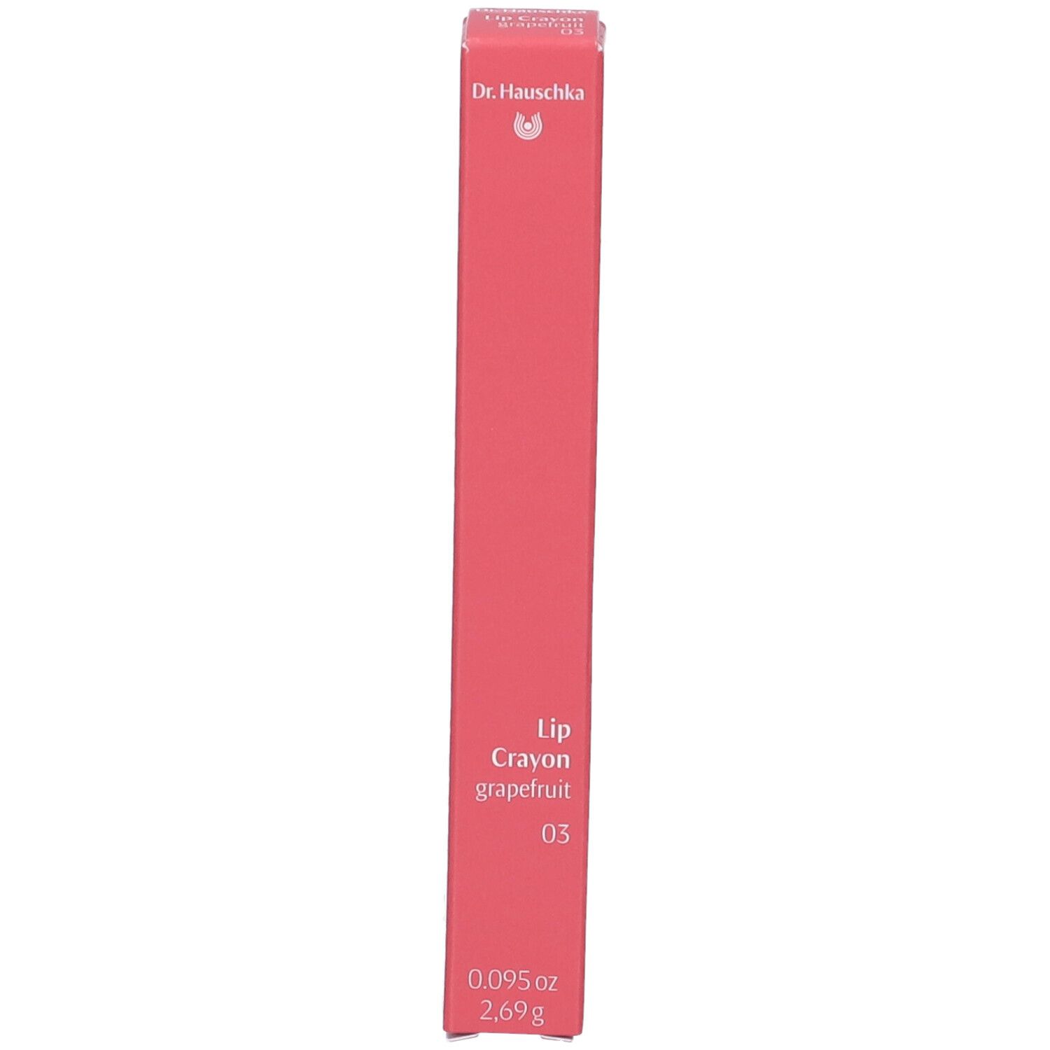 Confezione rosa con informazioni sul prodotto. Scritto: Lip Crayon Grapefruit 03. Marchio: Dr. Hauschka.