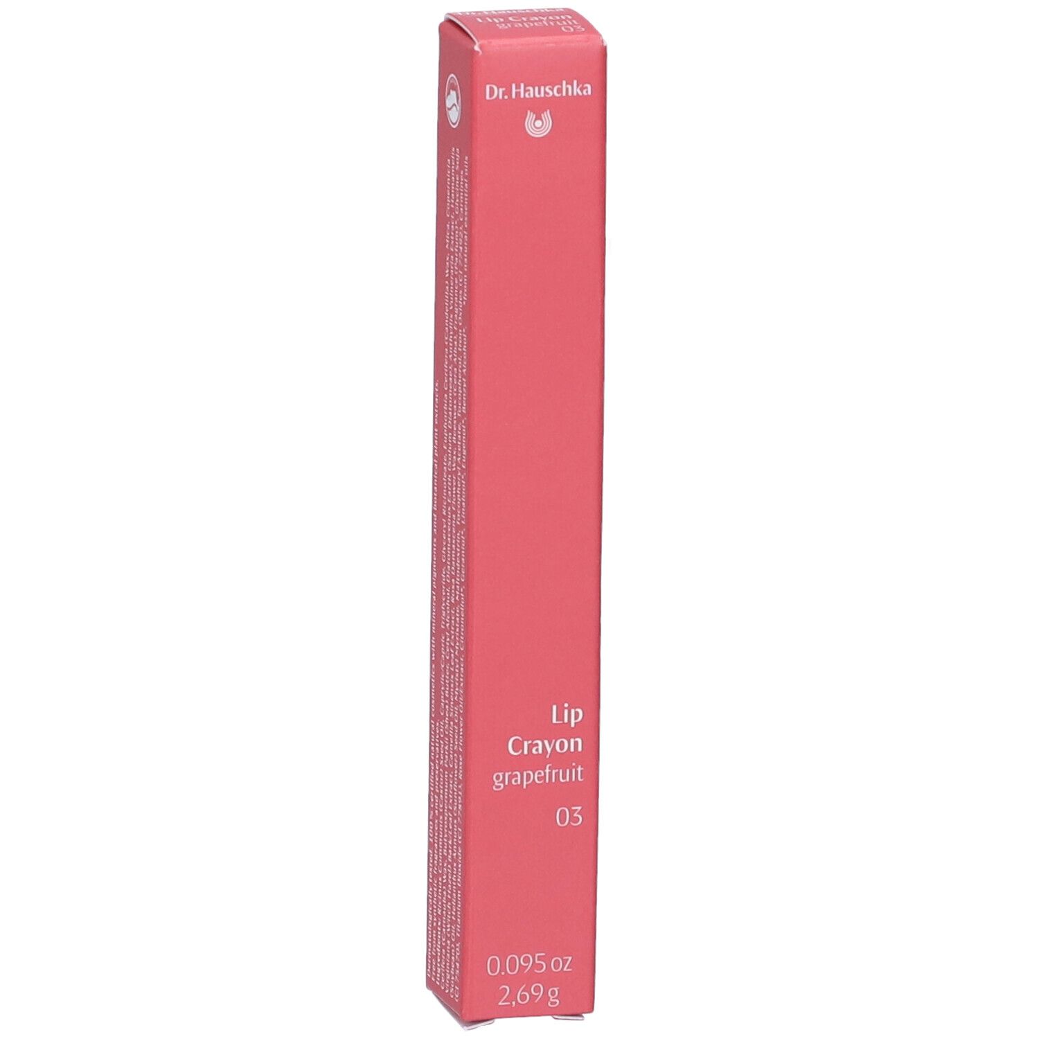 Confezione rosa con informazioni sul prodotto. Scritto: Lip Crayon Grapefruit 03. Marchio: Dr. Hauschka.