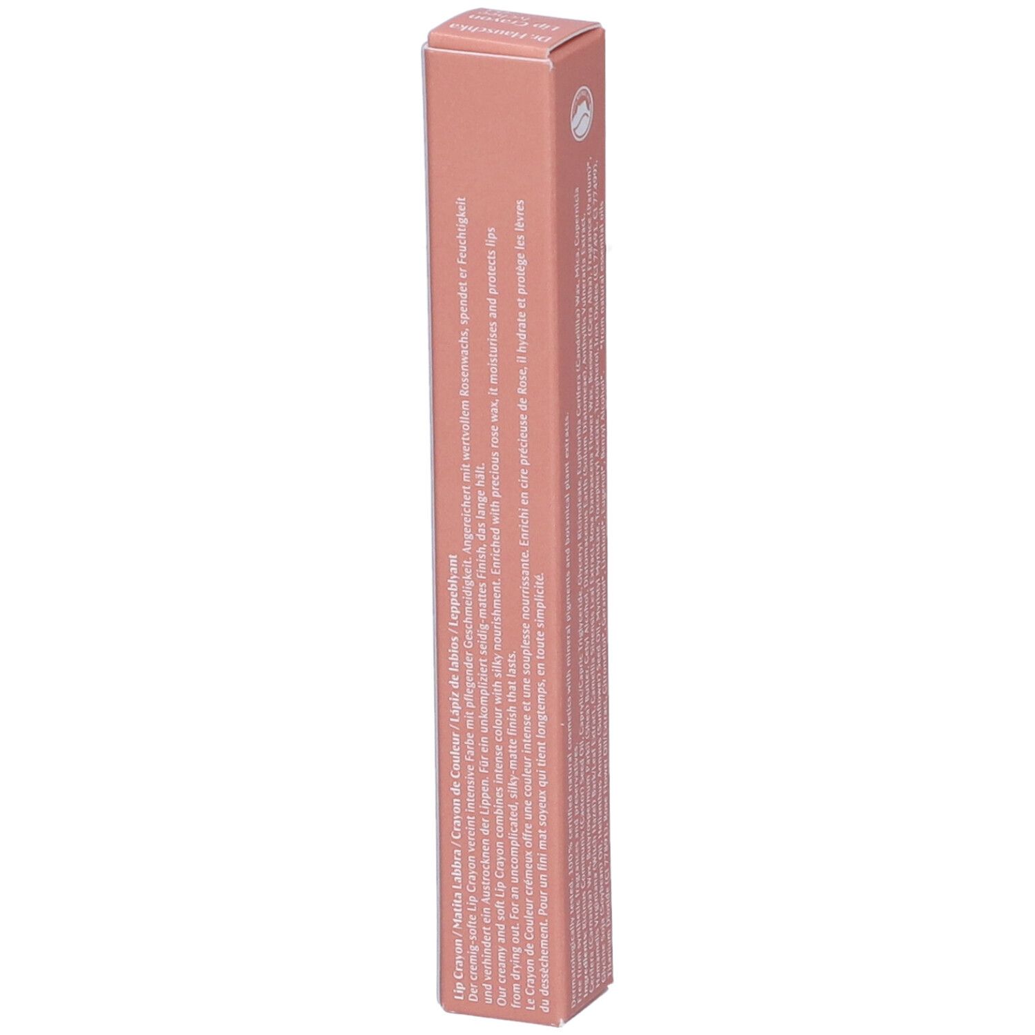 Confezione di un rossetto con testo multilingue.