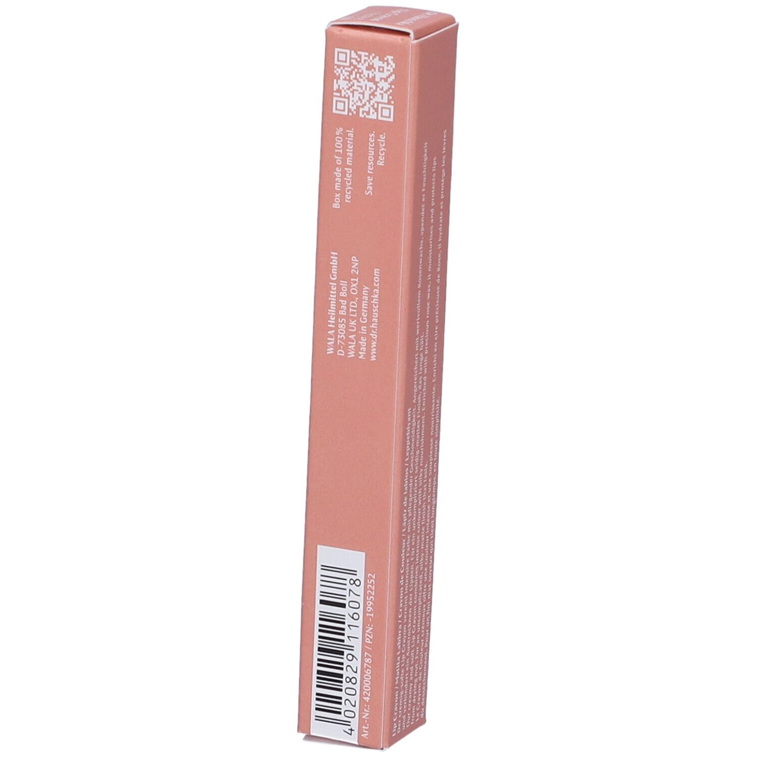 Confezione stretta e rosa con codice QR, codice a barre e informazioni del produttore.