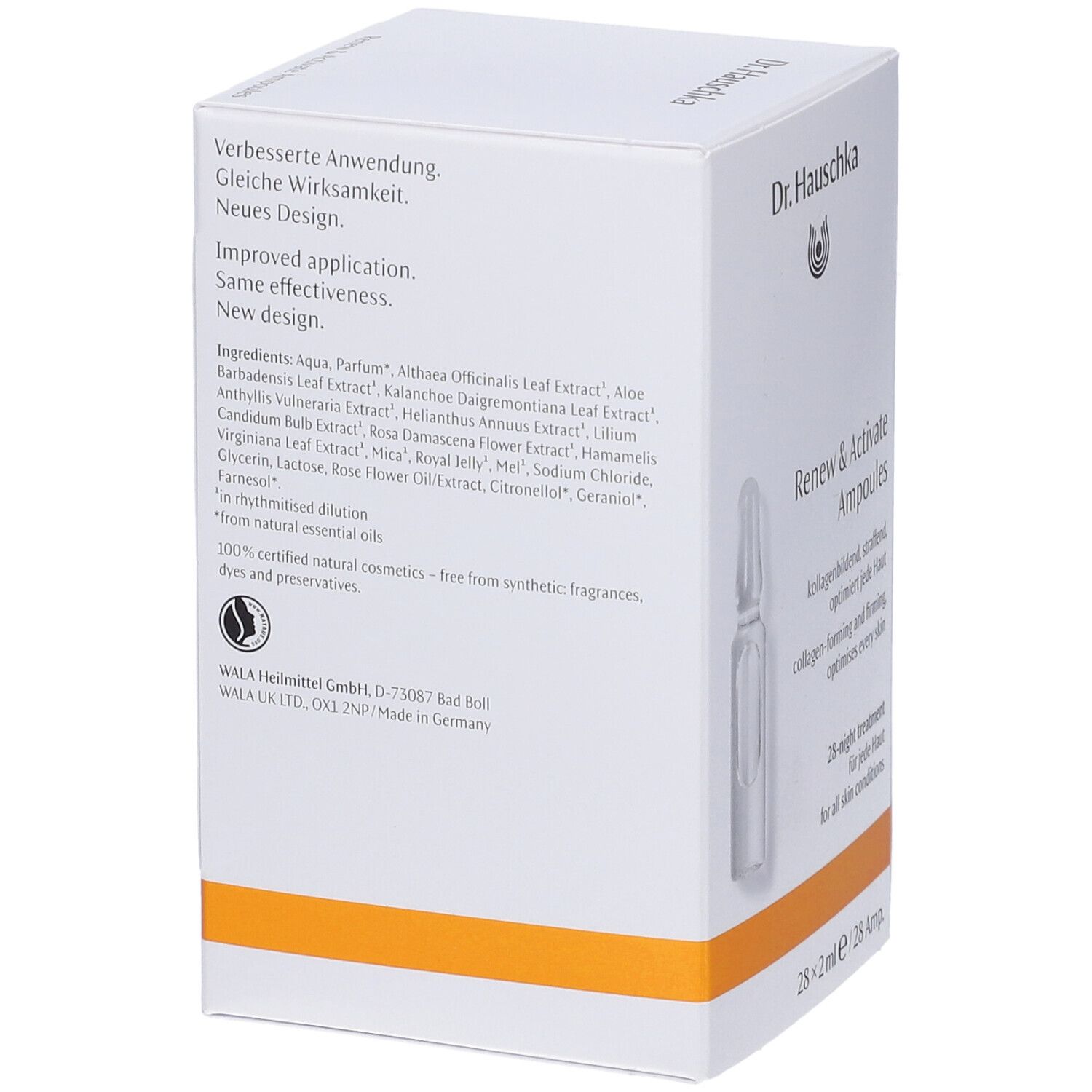 Retro della scatola bianca Dr. Hauschka. Testo con ingredienti e informazioni produttore. Striscia arancione in basso.