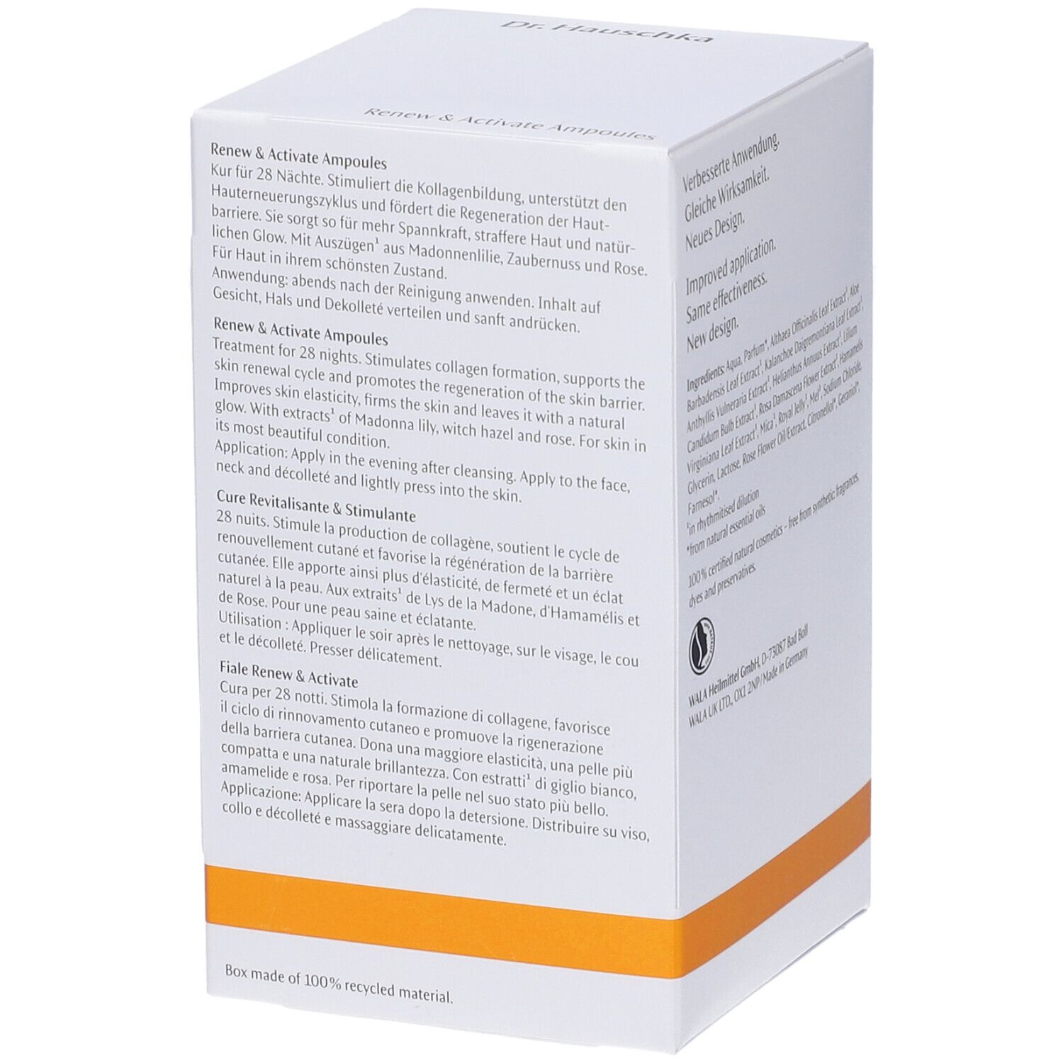 Scatola bianca Dr. Hauschka con testo in tedesco, inglese e francese. Contiene informazioni sul prodotto. Striscia arancione.