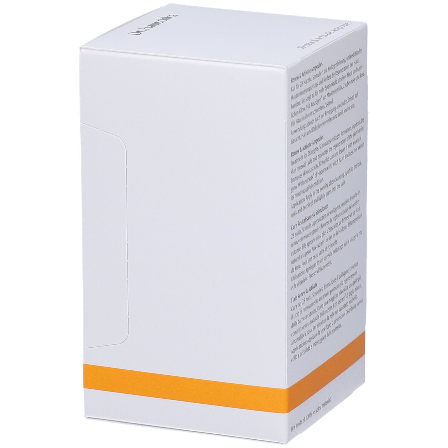 Scatola bianca con striscia arancione. Testo e logo Dr. Hauschka. Pagina vuota.