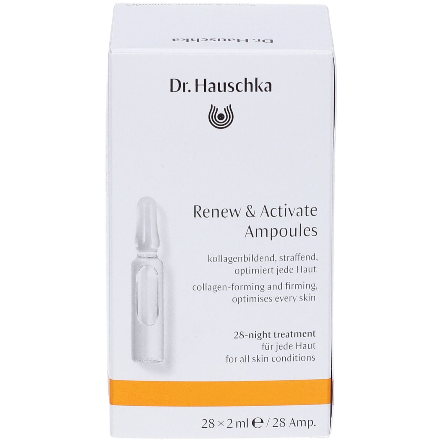 Scatola bianca Dr. Hauschka con immagine prodotto e scritta. Contiene fiale. Striscia arancione in basso.