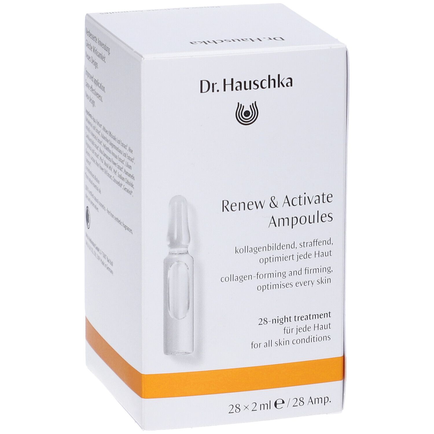 Scatola bianca Dr. Hauschka con immagine prodotto e scritta. Contiene fiale. Striscia arancione in basso.