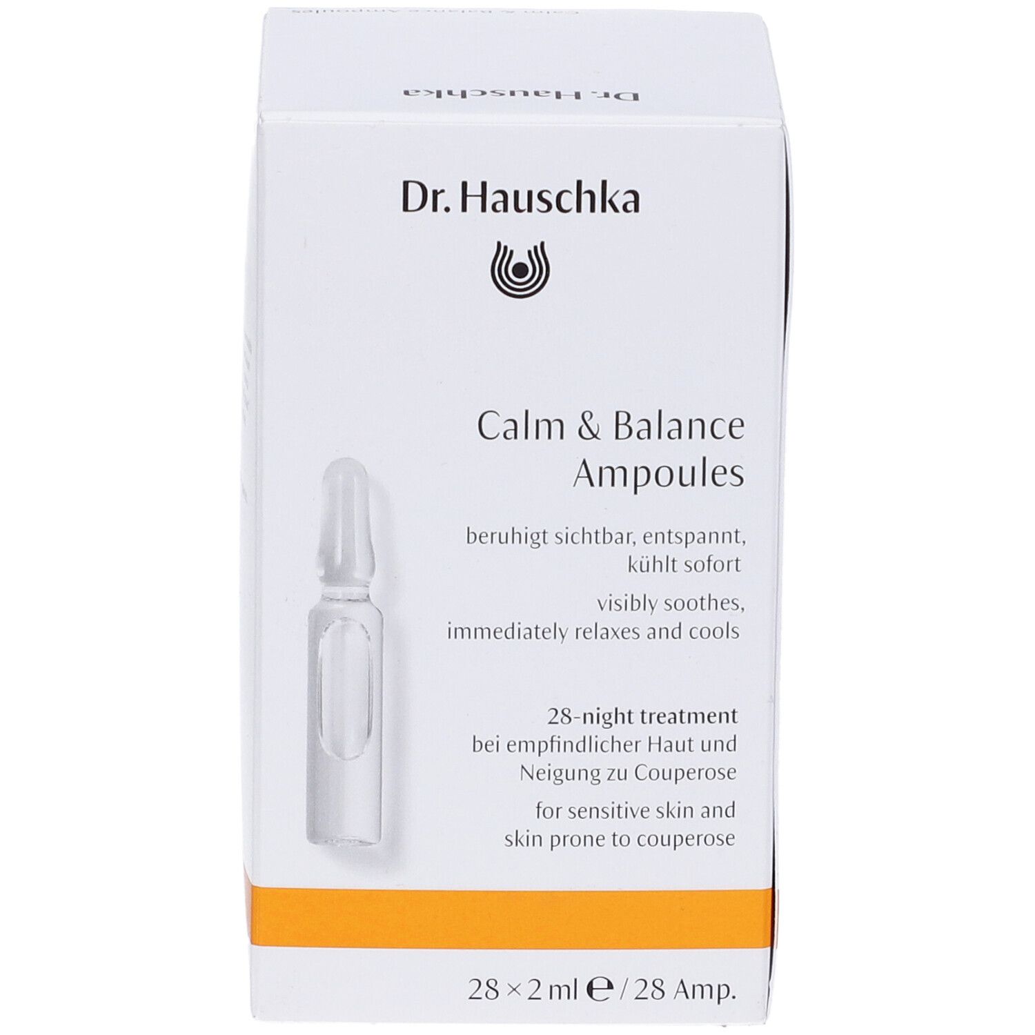 Scatola bianca Dr. Hauschka Calm & Balance Ampoules. Contiene 28 fiale. Testo in tedesco e inglese.