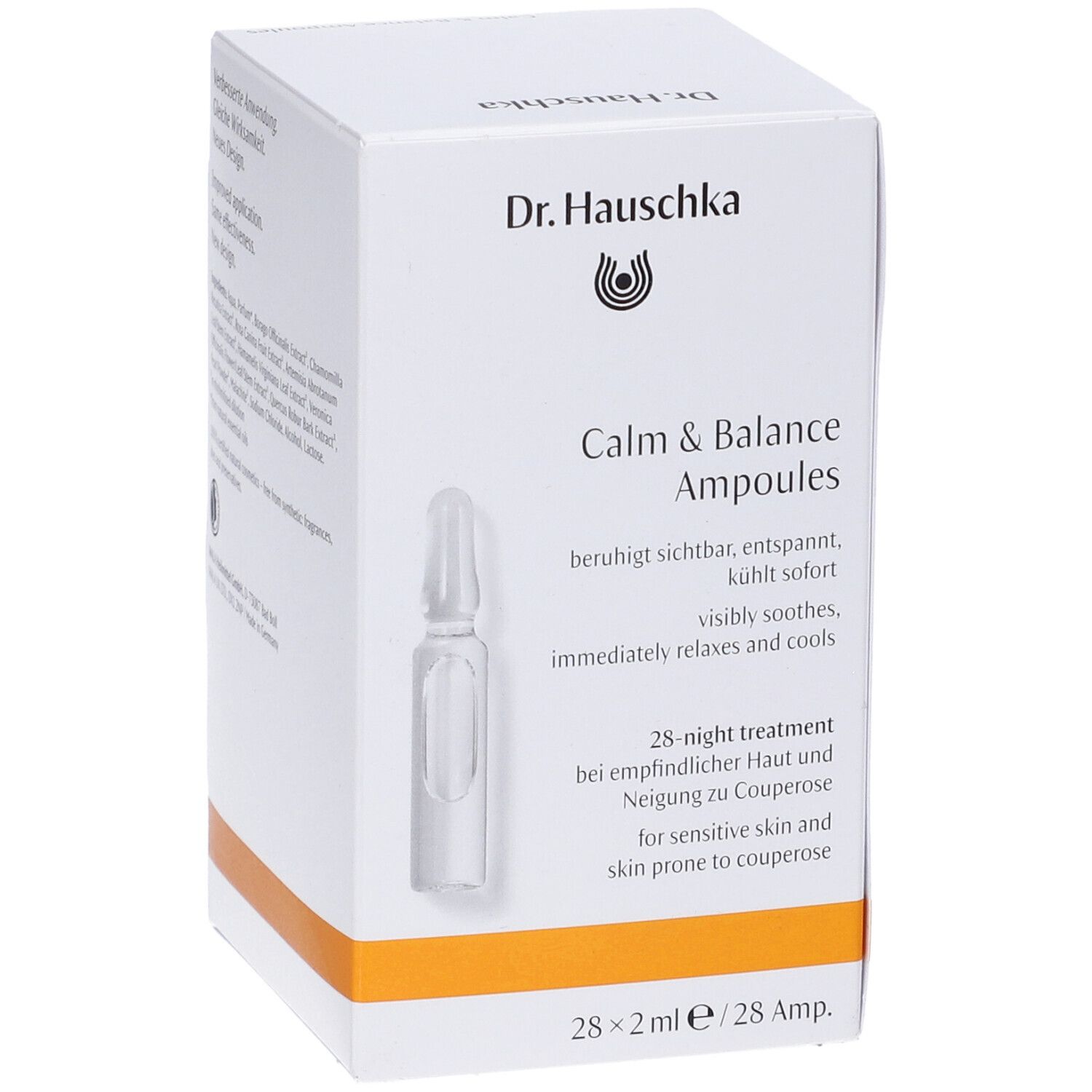 Scatola bianca Dr. Hauschka Calm & Balance Ampoules. Contiene 28 fiale. Testo in tedesco e inglese.