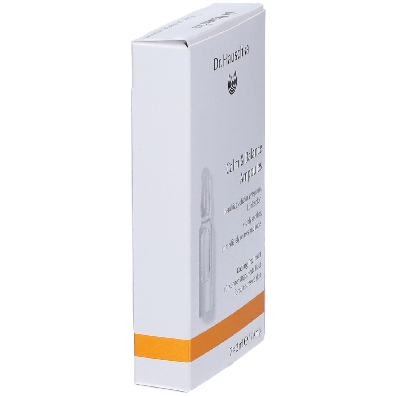 Scatola bianca, vista laterale. Scritto: Calm & Balance Ampoules, logo Dr. Hauschka, 7 fiale.