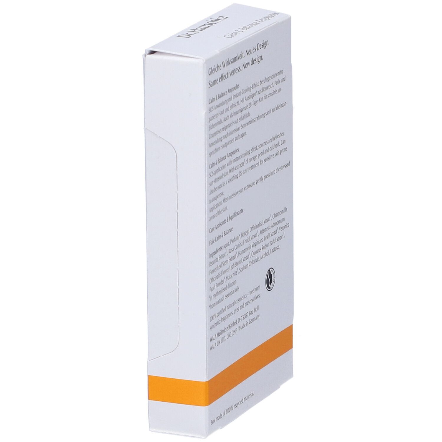 Scatola bianca, vista laterale. Testo: ingredienti, utilizzo, informazioni produttore. Logo: materiale riciclato al 100%.