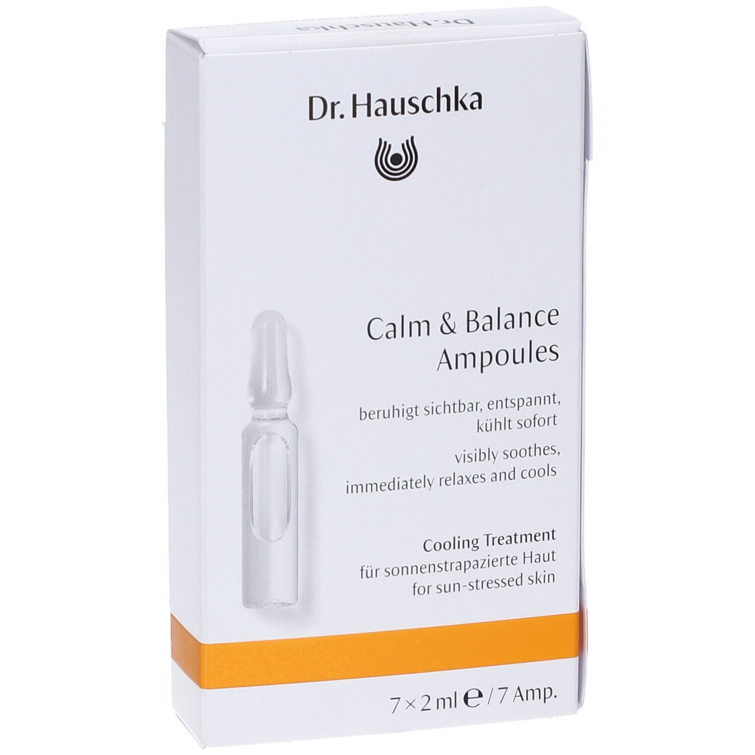 Scatola bianca con immagine del prodotto e testo. Contiene 7 fiale. Scritto: Calm & Balance Ampoules, Cooling Treatment.