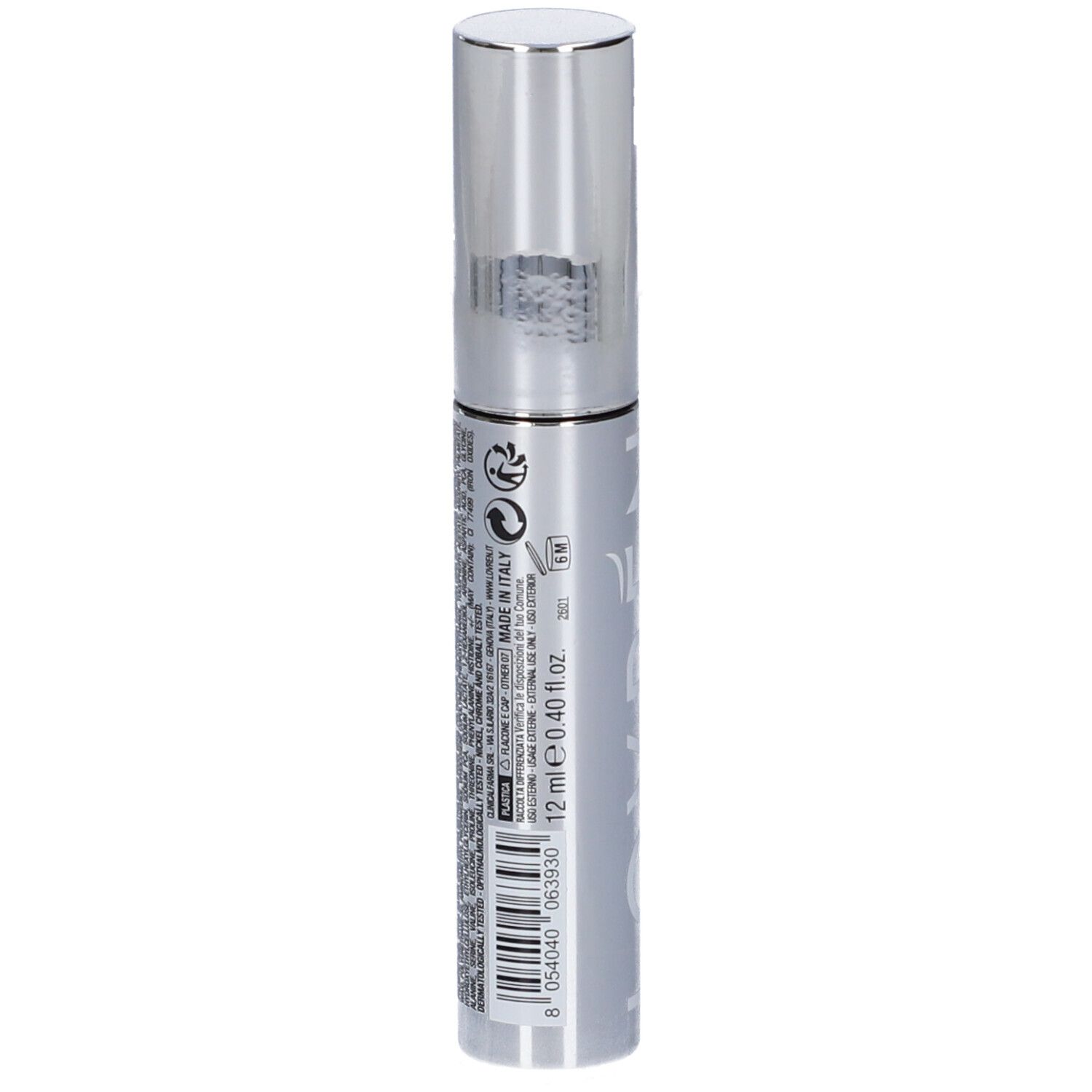 Retro della confezione mascara argento con ingredienti e codice a barre. 12 ml.