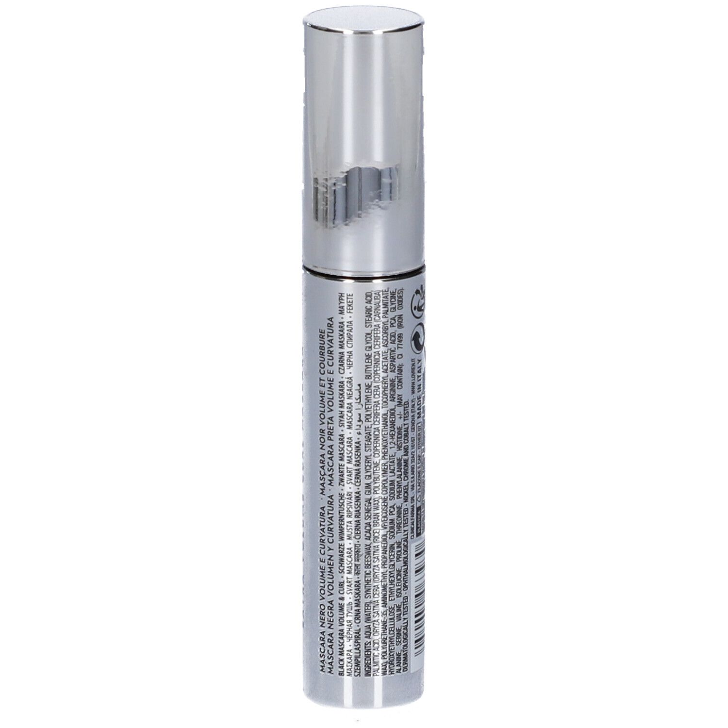 Retro della confezione mascara argento con informazioni prodotto multilingue.