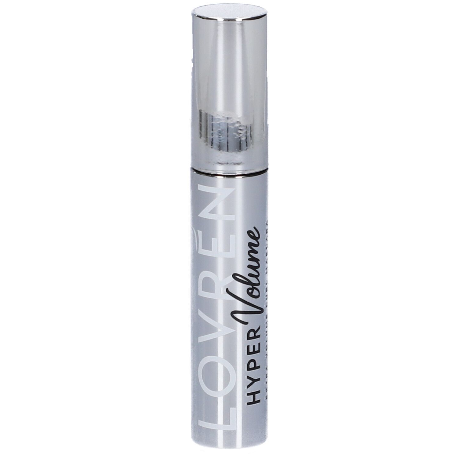 Confezione mascara argento con tappo argento. Testo: LOVREN HYPER VOLUME.