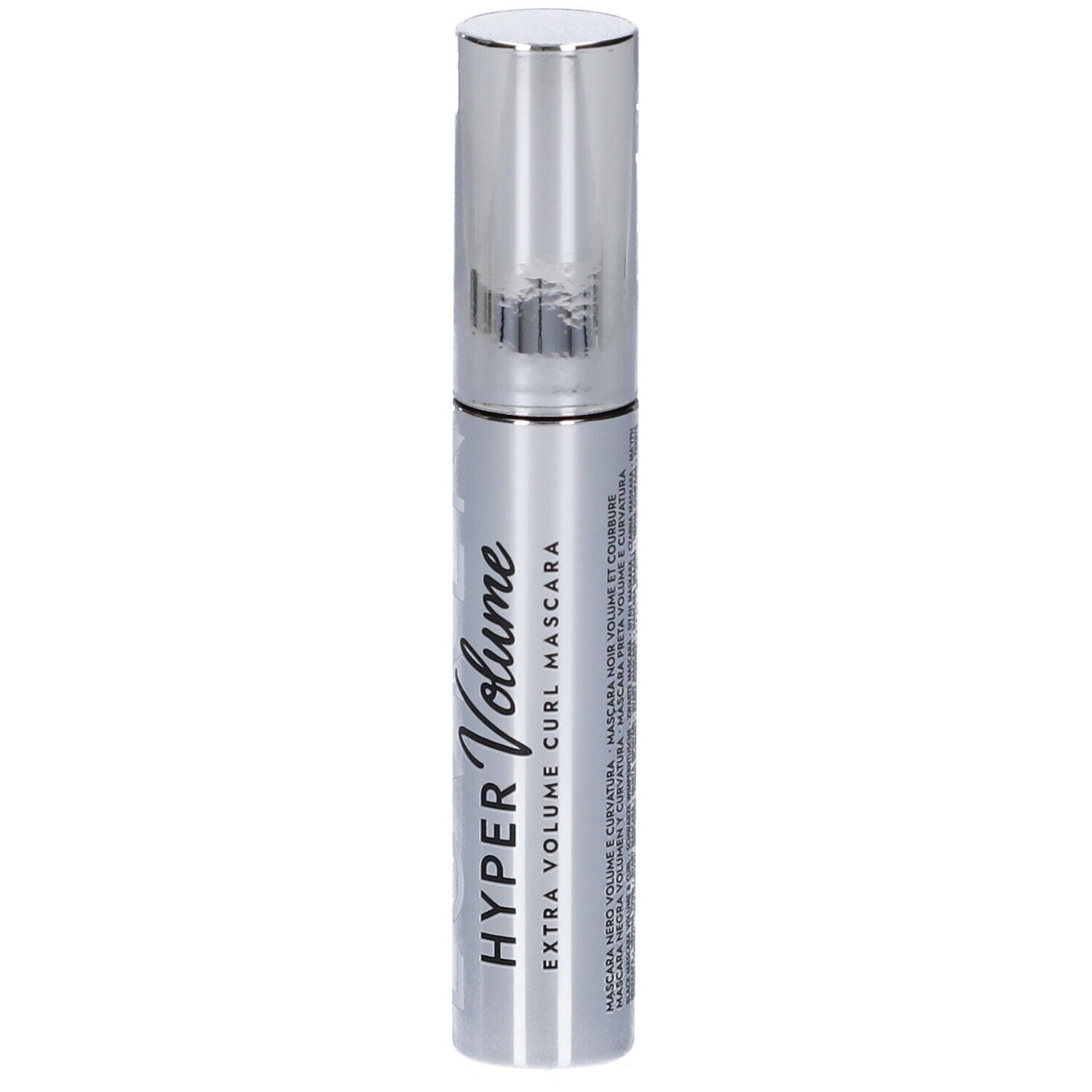 Confezione mascara argento con tappo argento. Testo: LOVREN HYPER VOLUME EXTRA VOLUME CURL MASCARA.