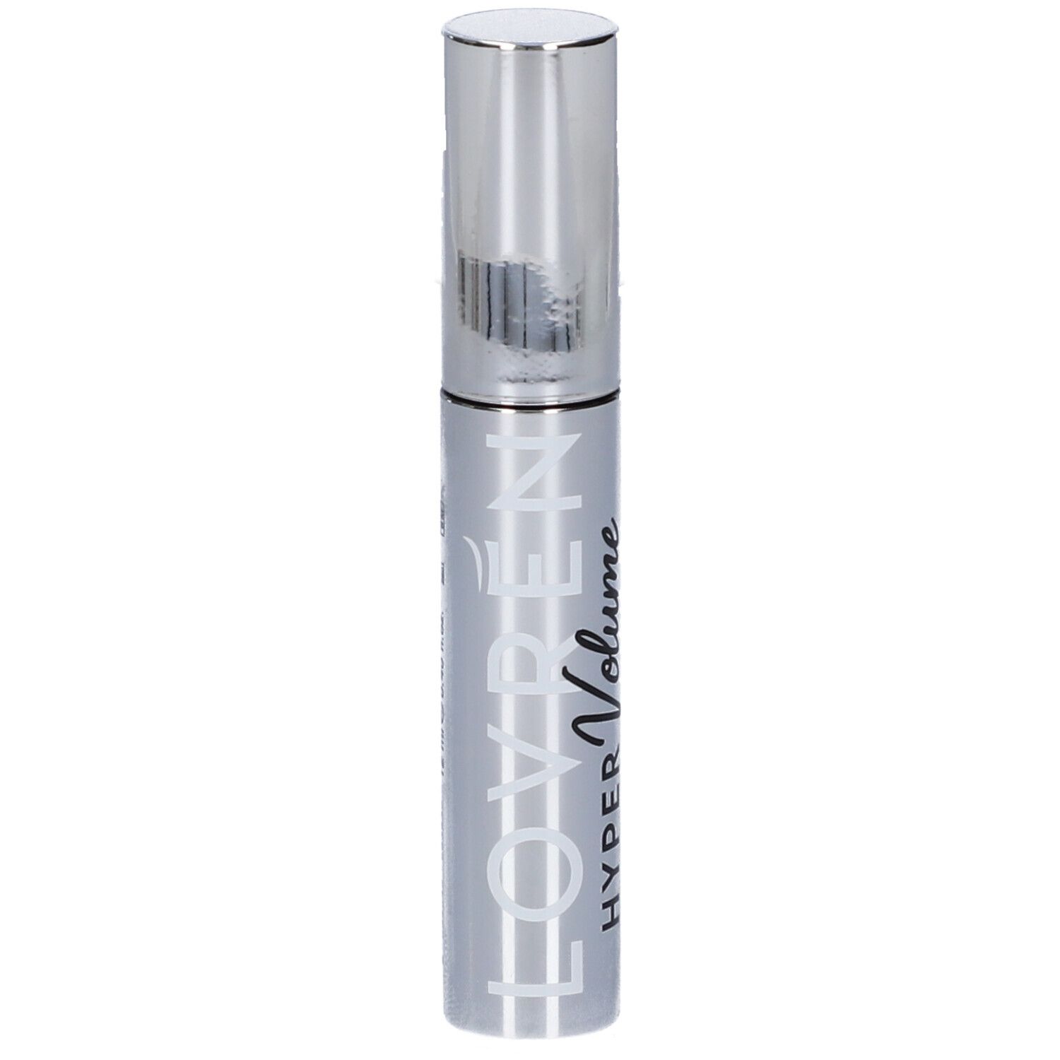 Confezione mascara argento con tappo argento. Testo: LOVREN HYPER VOLUME.