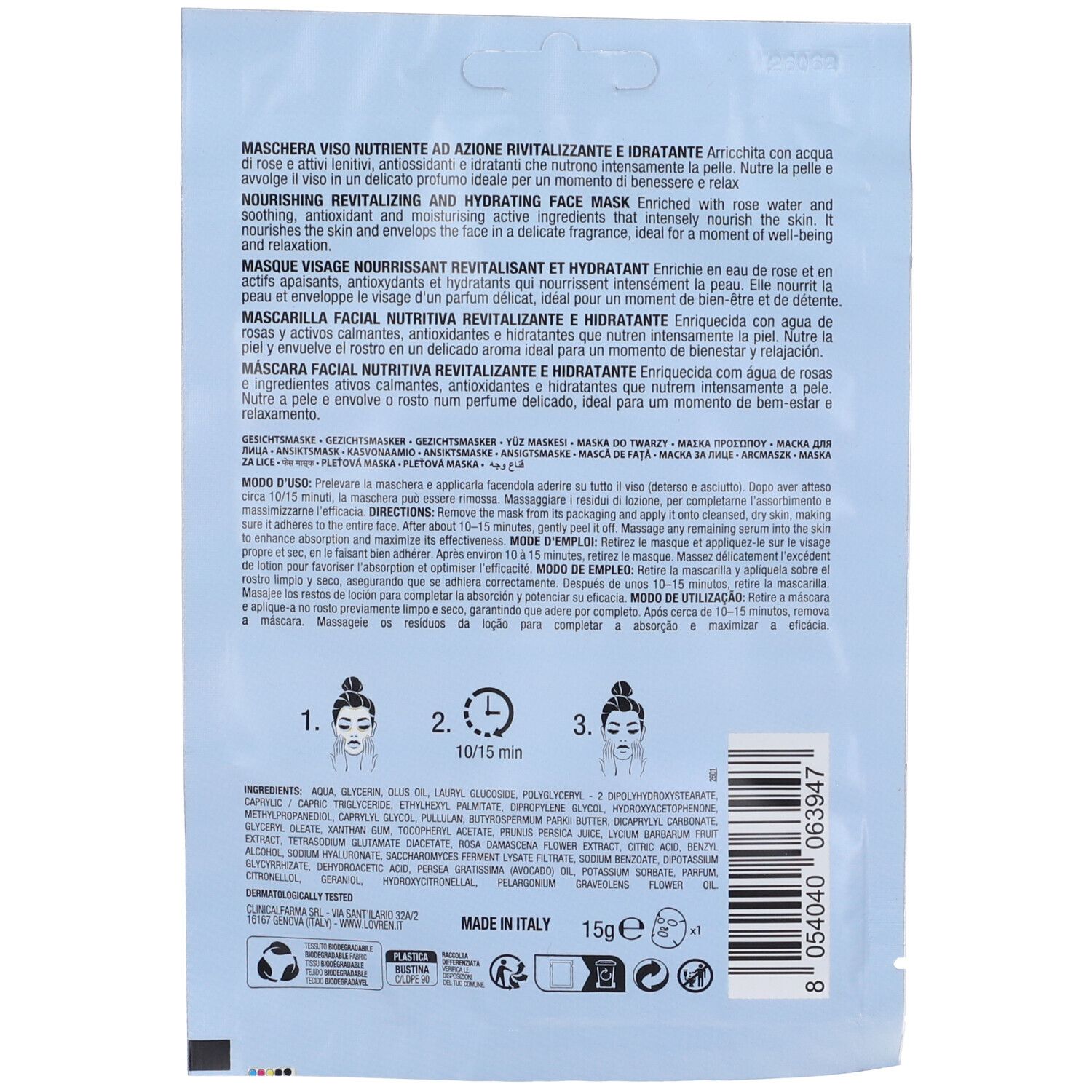 Retro della confezione della maschera viso. Testo multilingue. Illustrazioni per l'applicazione. Prodotto in Italia. 15g.