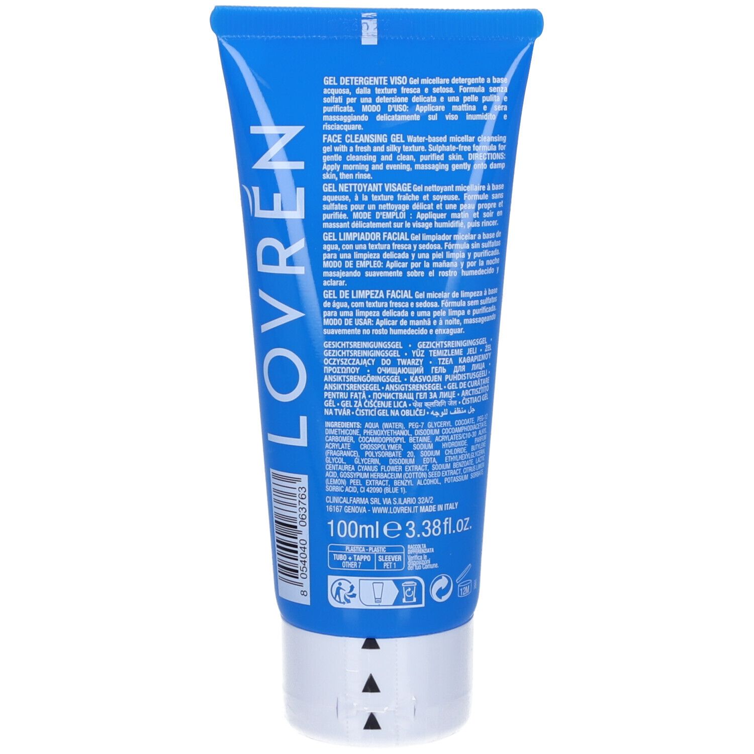 Tubo blu di gel detergente viso Lovren, 100ml.