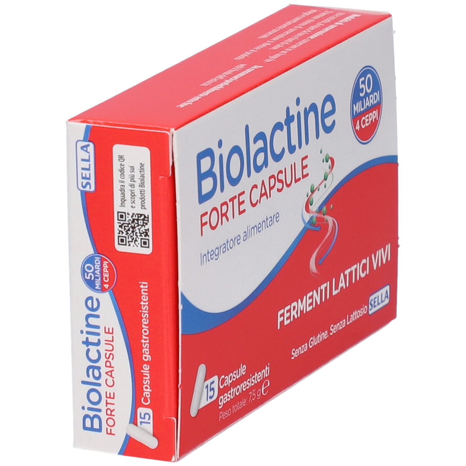 Confezione Biolactine Forte, vista laterale con QR code e informazioni sul prodotto.
