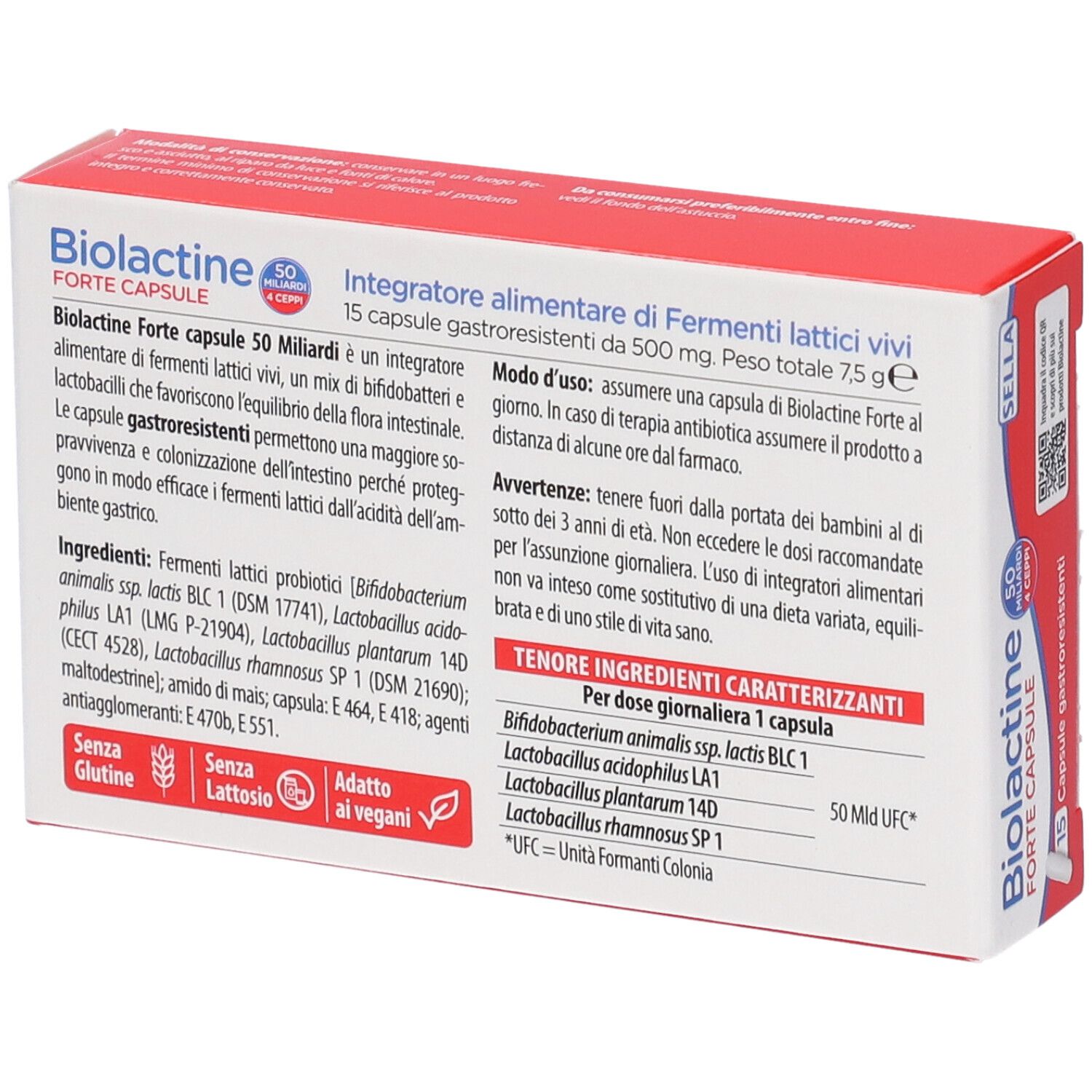 Confezione Biolactine Forte, retro con elenco dettagliato degli ingredienti e modalità d'uso.