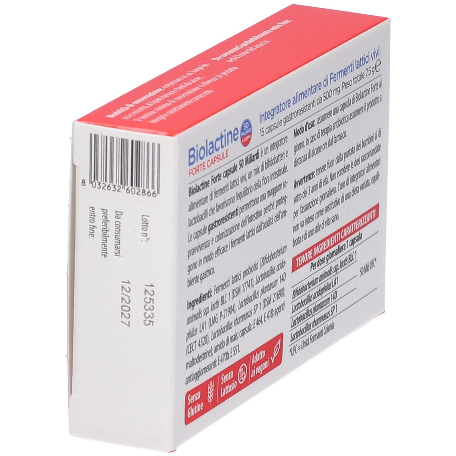 Confezione Biolactine Forte, retro con codice a barre, numero di lotto e data di scadenza.
