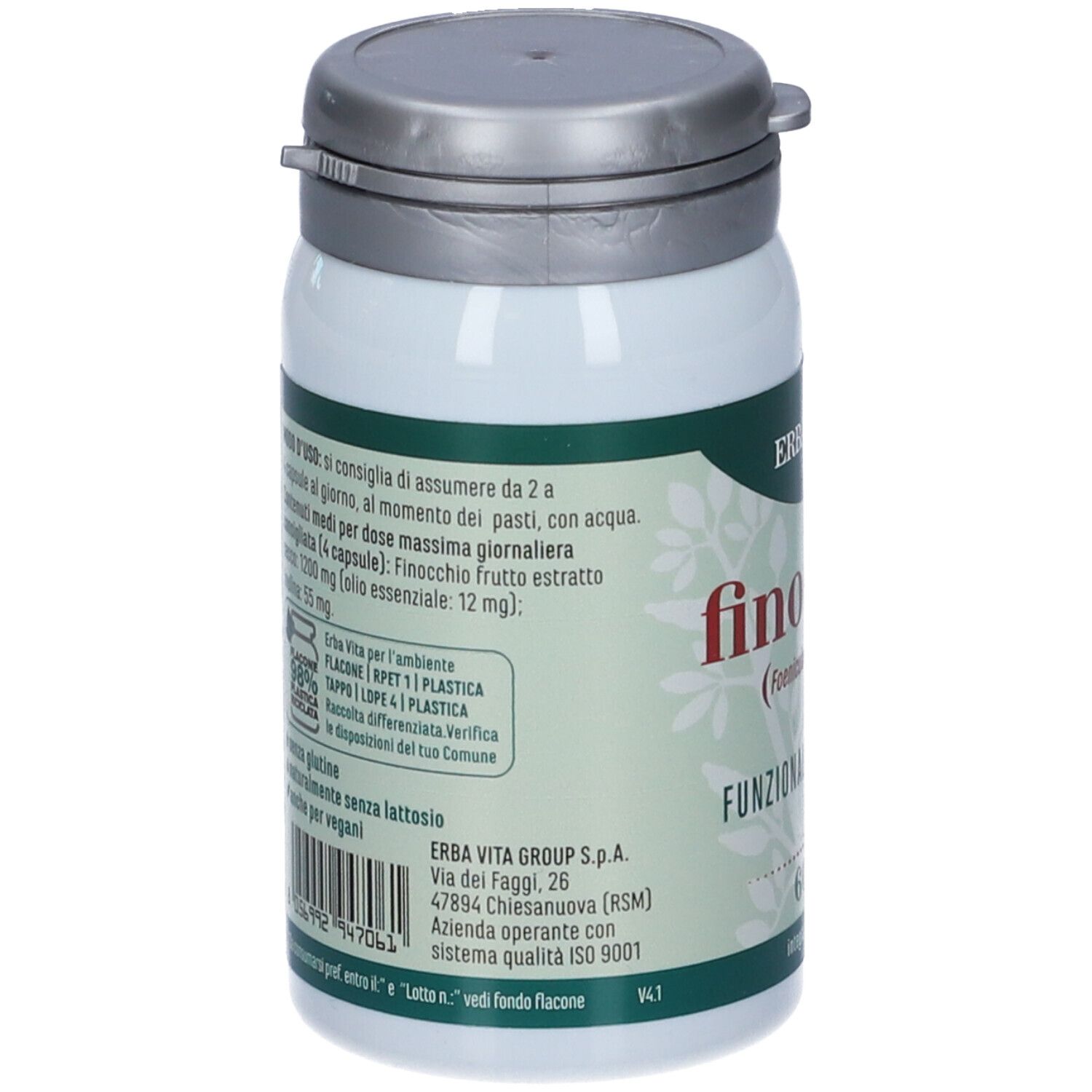 Flacone bianco con coperchio argentato. Testo: Erba Vita, ingredienti, modo d'uso, senza lattosio, per vegani.