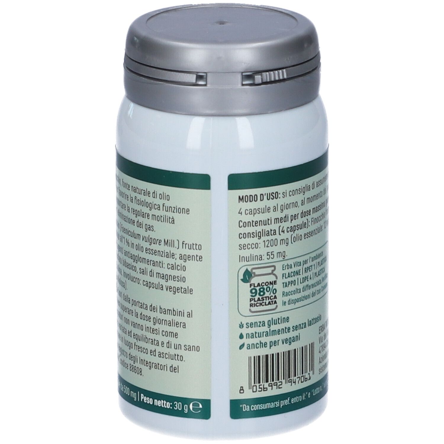 Flacone bianco con coperchio argentato. Testo: ingredienti, modo d'uso, senza glutine, per vegani, plastica riciclata al 98%.