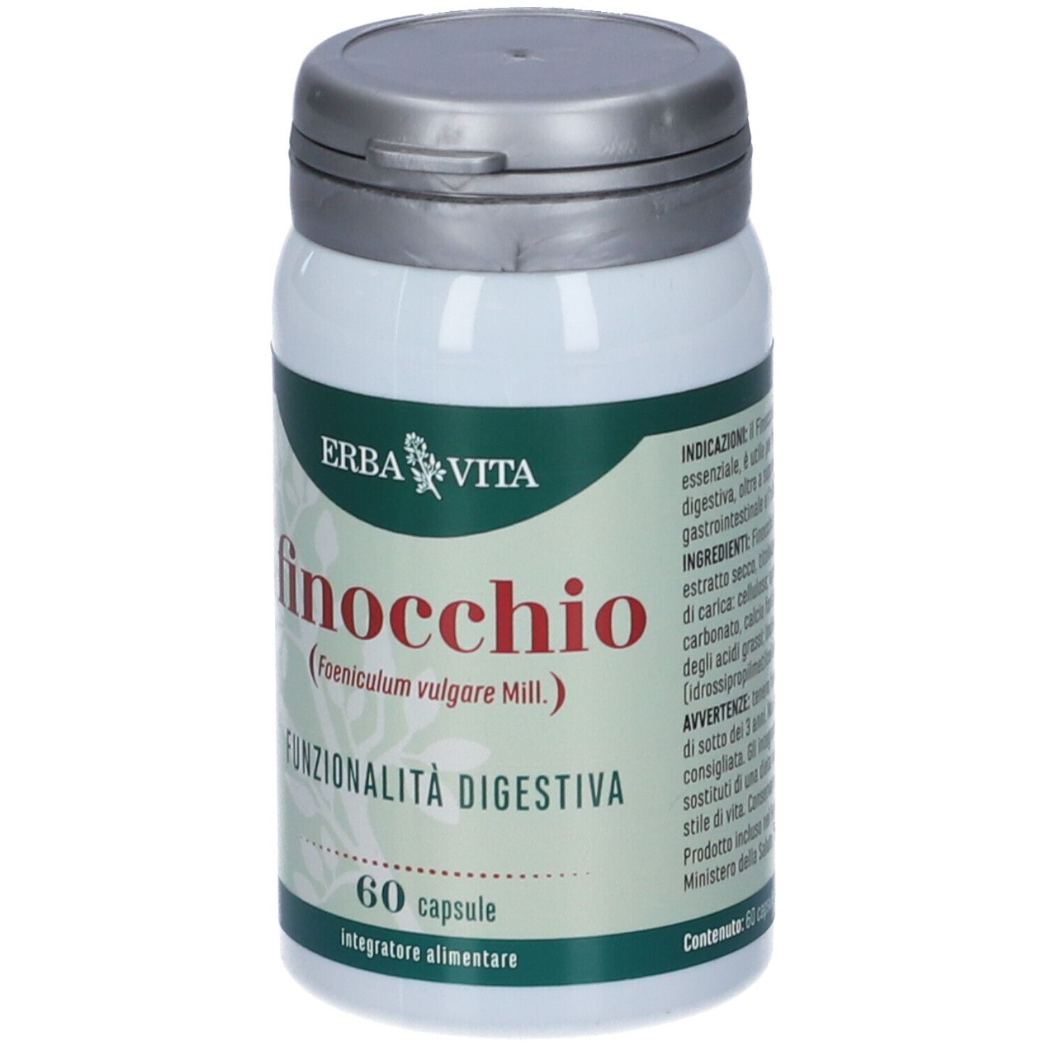 Flacone bianco con coperchio argentato. Scritta: Erba Vita, finocchio, 60 capsule, Funzionalità digestiva.