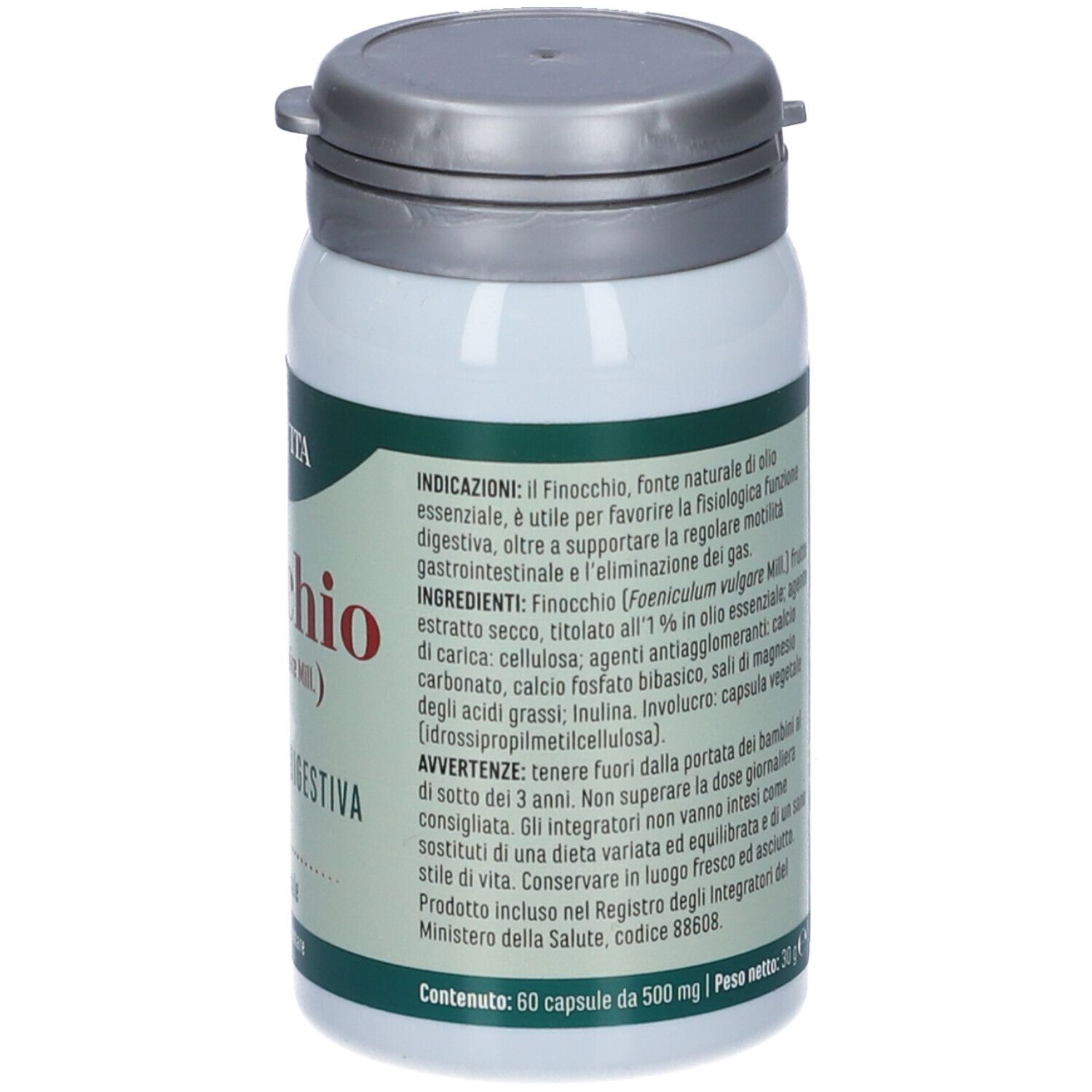 Flacone bianco con coperchio argentato. Testo: Erba Vita, ingredienti, modo d'uso, 60 capsule.